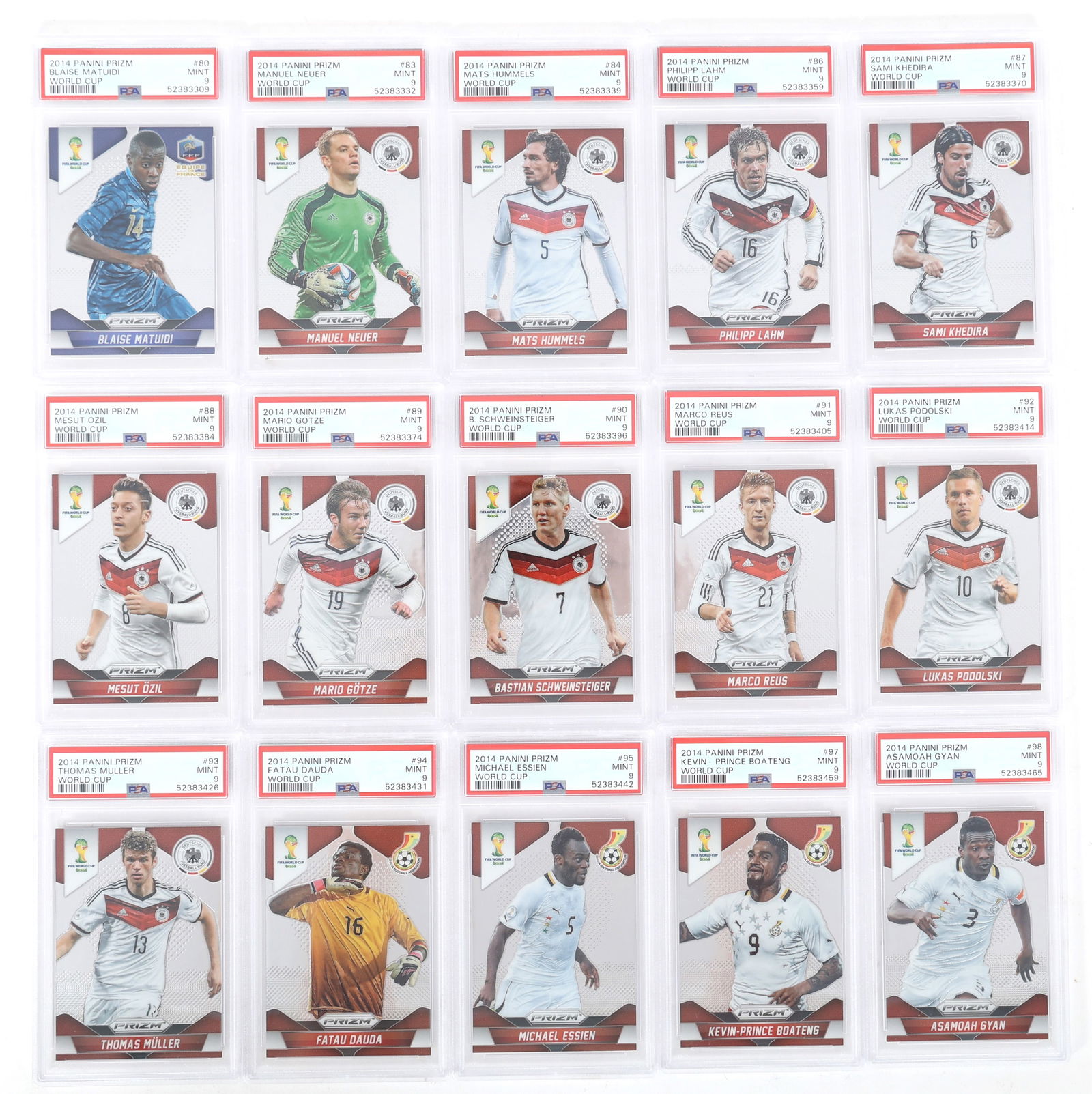 2014 PANINI PRIZM SOCCER WORLD CUP CARDS PSA GRADED: 2014 PANINI PRIZM SOCCER WORLD CUP CARDS PSA GRADED 2014 PSA graded Panini Prizm Soccer World Cup trading cards. All graded 9. Includes: Blaise Matuidi #80 Manuel Neuer #83 Mats Hummels #84