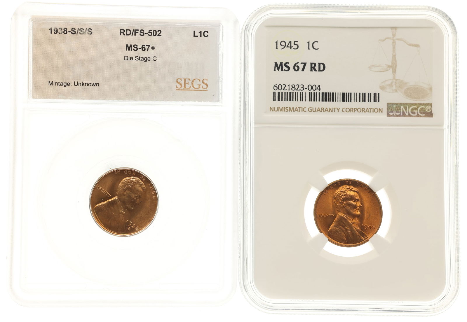 1938-S & 1945 US LINCOLN WHEAT 1C COINS NGC & SEGS (1 of 2)