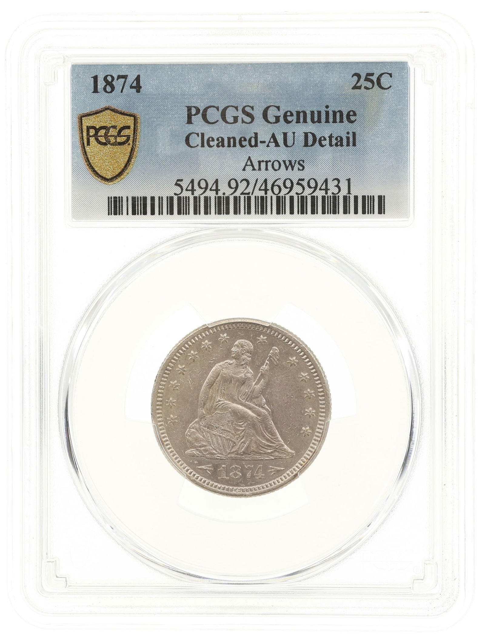 1874 US SEATED 25C SILVER COIN PCGS CLEANED - AU DETAIL (1 of 2)