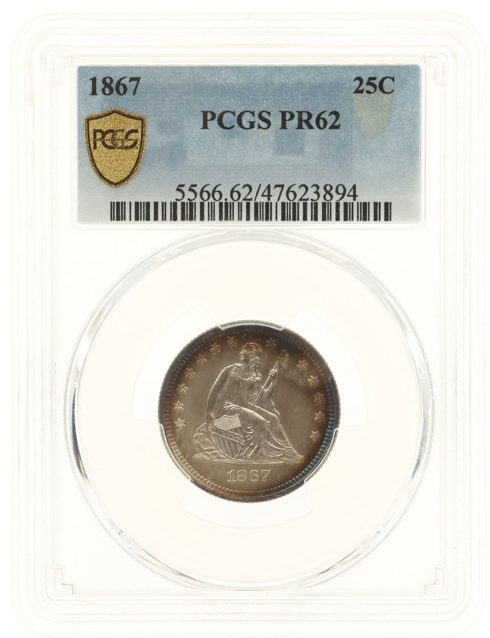 1867 US SEATED LIBERTY 25C SILVER COIN PCGS PR62 (1 of 2)