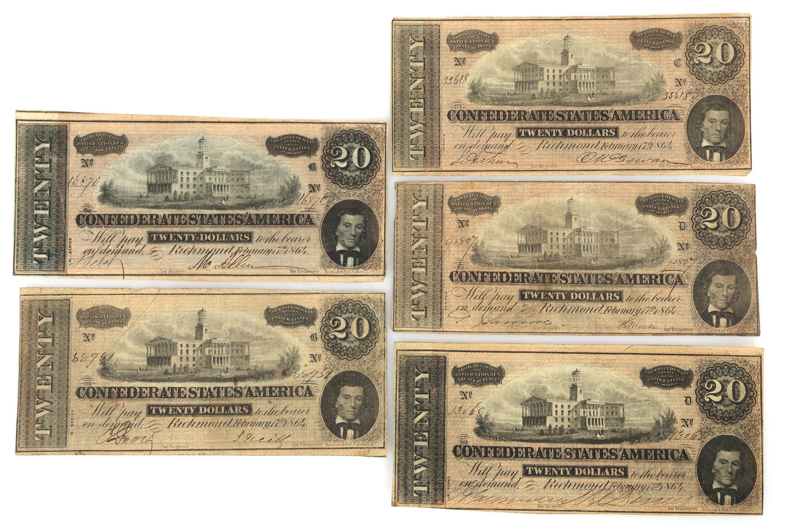 1864 CONFEDERATE STATES T-67 $20 OBSOLETE NOTES (1 of 5)