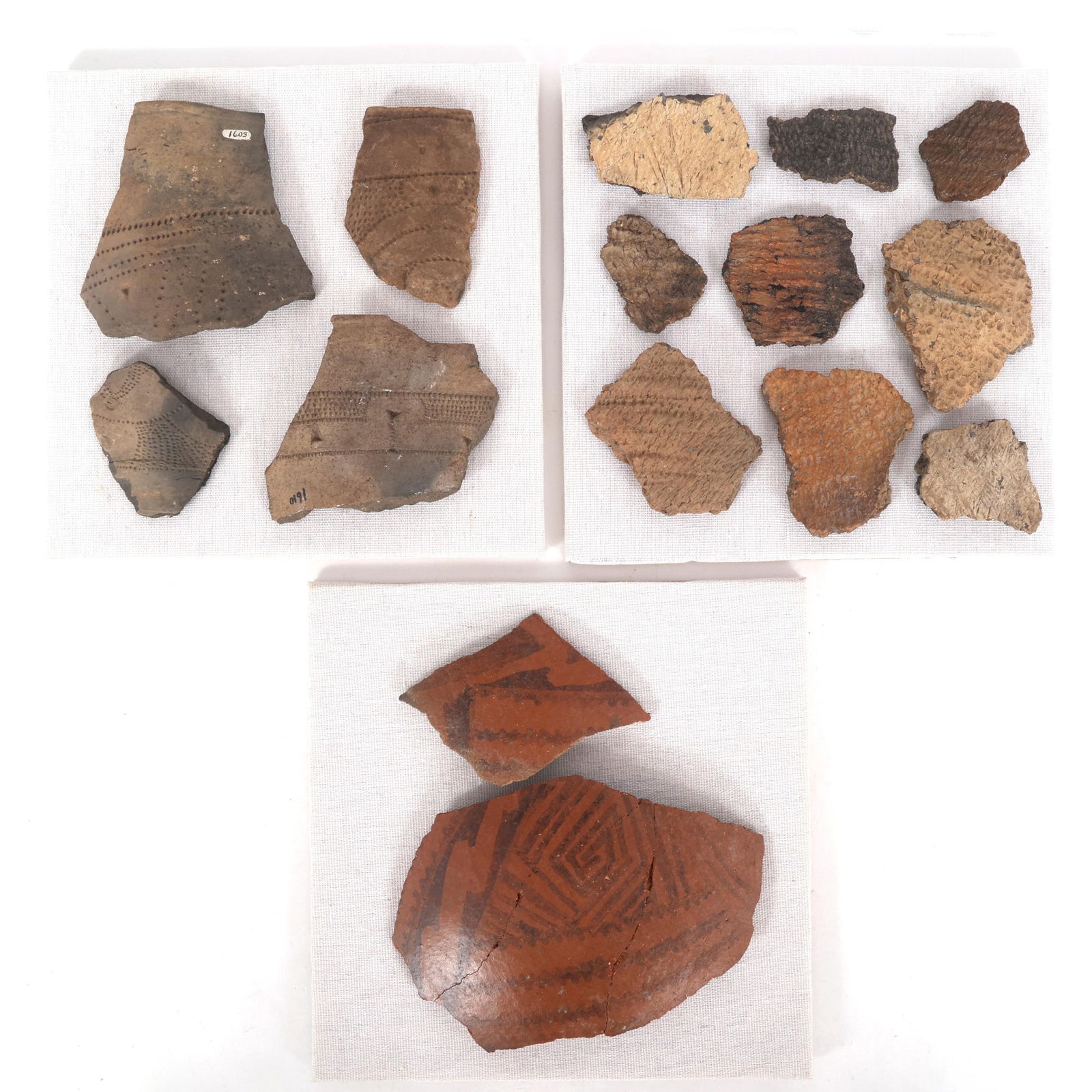 DECORATED POTTERY SHARDS: DECORATED POTTERY SHARDS Decorated pottery rim shards from North America. Provenance: Estate Artifact & Fossil Collection of Dr. Steven D. Nicklas (1956-2023) | Archeologist, Paleontologist, Professo