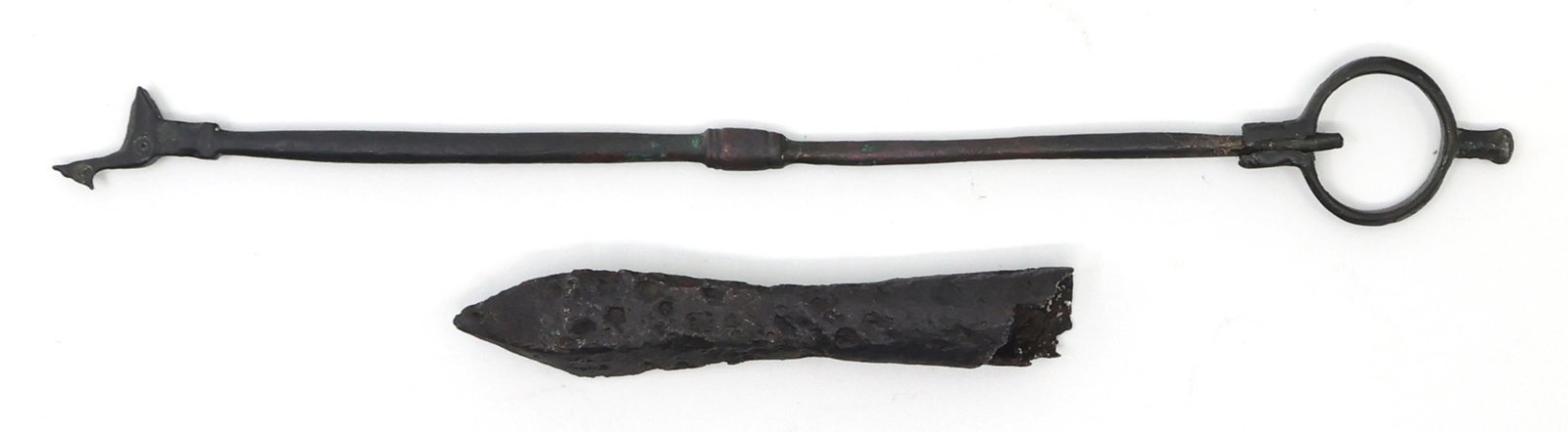 ROMAN DISTAFF & BRONZE LANCE POINT: ROMAN DISTAFF & BRONZE LANCE POINT Roman distaff & bronze lance point Provenance: Estate Artifact & Fossil Collection of Dr. Steven D. Nicklas (1956-2023) | Archeologist, Paleontologist, Pro