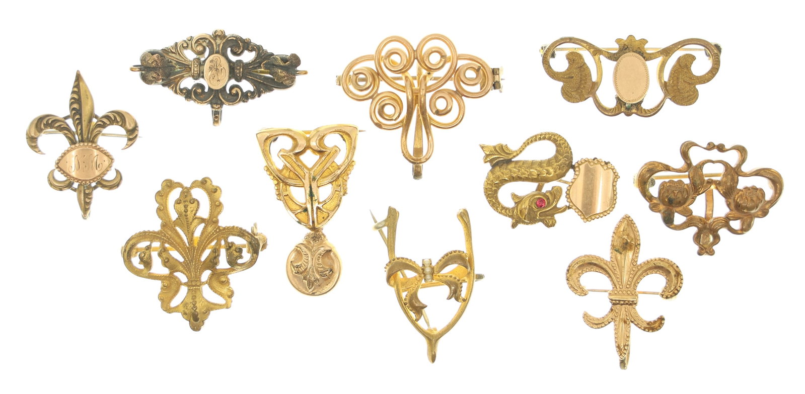 VICTORIAN GOLD-FILLED POCKET WATCH FOB BROOCHES/PINS: VICTORIAN GOLD-FILLED POCKET WATCH FOB BROOCHES/PINS Lot of ten Victorian gold-filled pocket watch fob brooches/pins. Material: Gold filled Weight: 31g