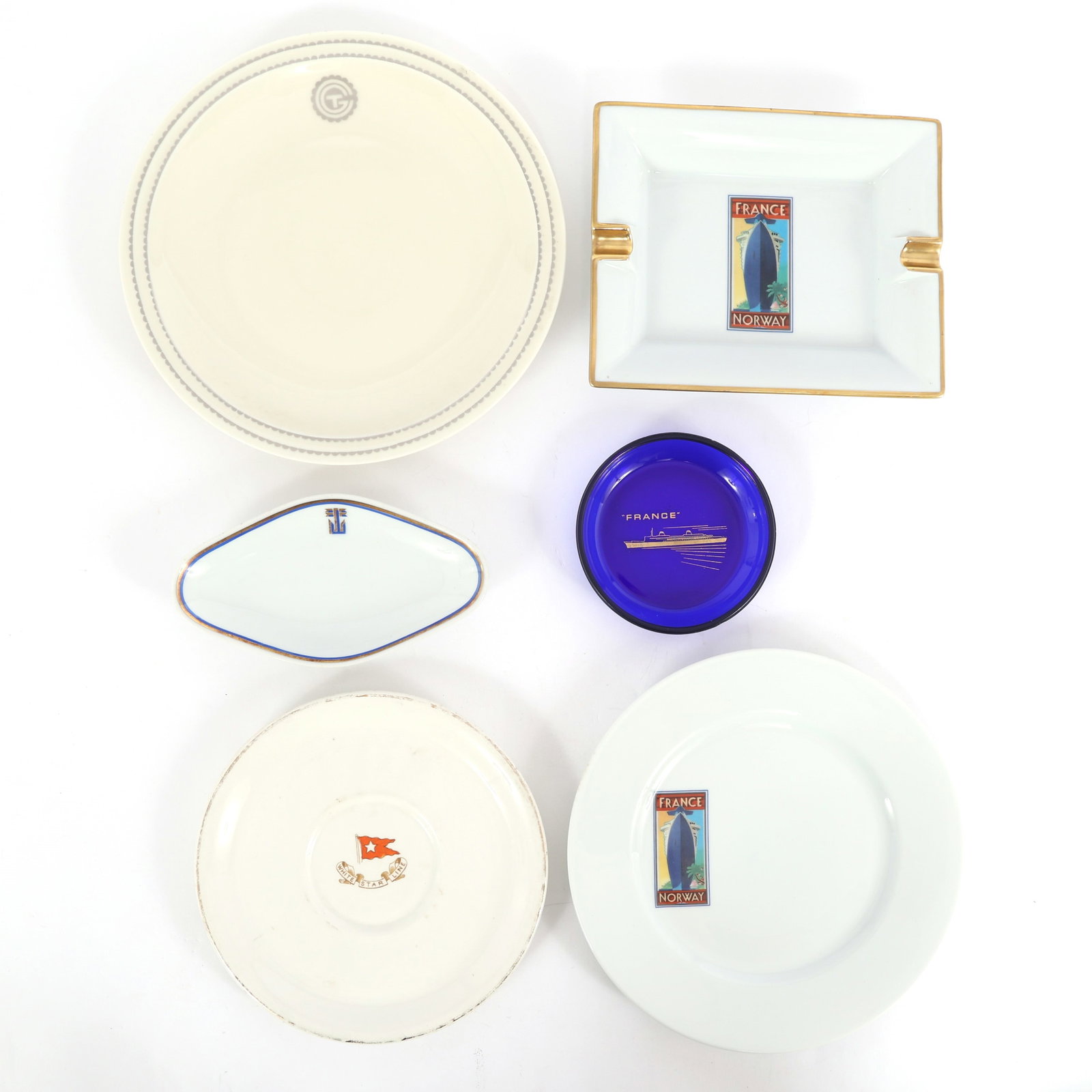 INTERNATIONAL SHIP TRAVEL PLATES & DISHES: INTERNATIONAL SHIP TRAVEL PLATES & DISHES International ship travel plates, dishes, and ash trays: 1989 Limoges France-Norway Cruise porcelain plate (8.75" x 8.75") Limoges
