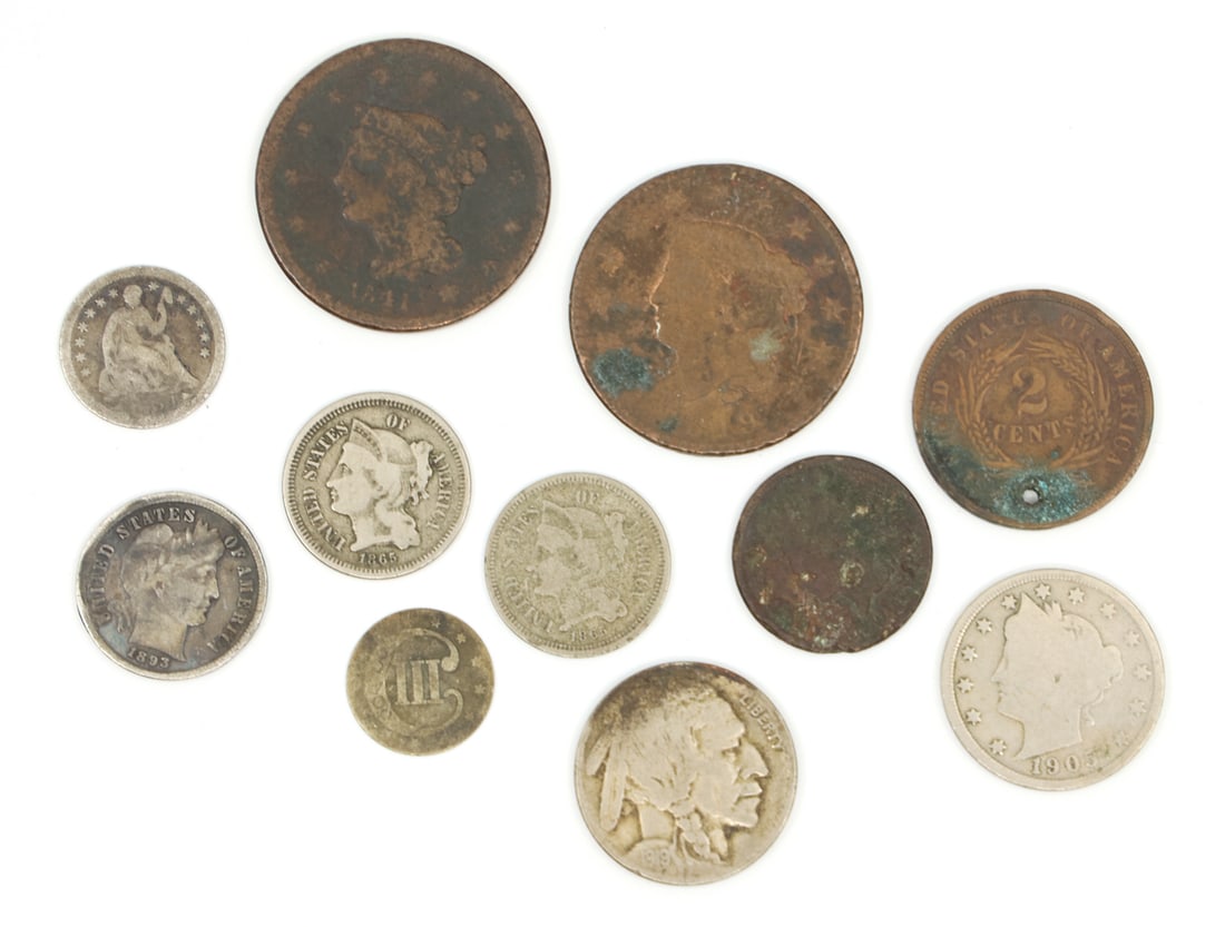 US LATE 19TH & EARLY 20TH C. TYPE COINS: US LATE 19TH & EARLY 20TH C. TYPE COINS US late 19th - early 20th century type coins: 1819 Coronet Head 1 cent 1841 Braided Hair 1 cent 1865 Shield 2 cents (2) 1865 Nickel 3