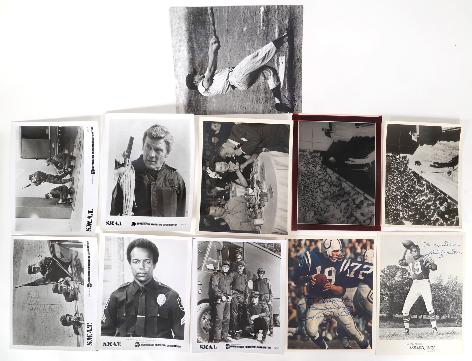 ENTERTAINER PHOTOS & AUTOGRAPHS - SWAT, SINATRA, MARIS: ENTERTAINER PHOTOS & AUTOGRAPHS - SWAT, SINATRA, MARIS (10) American entertainer photos and sports autographs: 1975 "S.W.A.T." promotional photo, 8" x 10": <