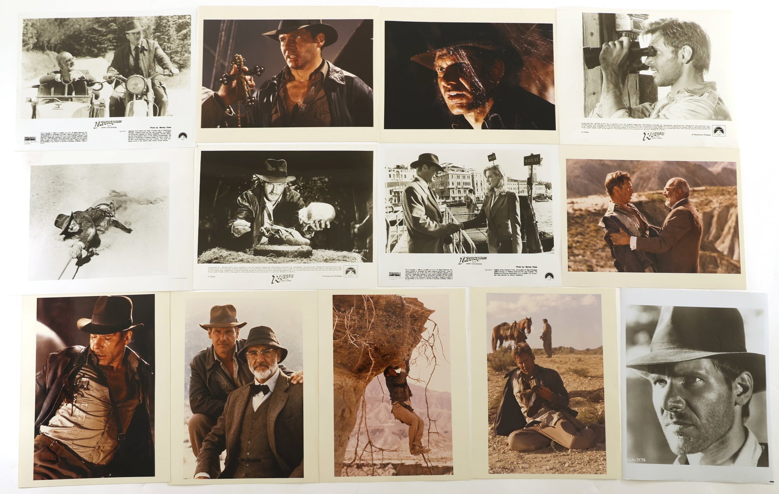 INDIANA JONES PROMOTIONAL & MOVIE STILL PRINTS: INDIANA JONES PROMOTIONAL & MOVIE STILL PRINTS (13) "Indiana Jones" promotional & movie still photos. Includes images of Harrison Ford, Sean Connery, and A