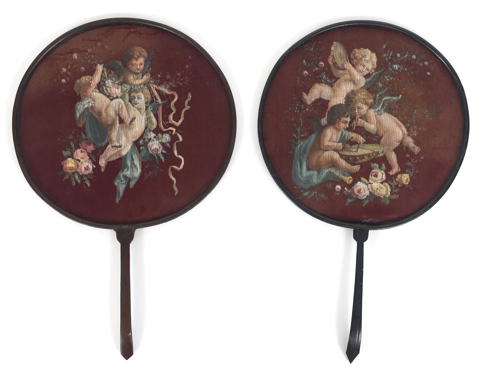 19TH C. HAND-PAINTED SILK FANS WITH CHERUB DESIGN: 19TH C. HAND-PAINTED SILK FANS WITH CHERUB DESIGN 19th century hand-painted circular silk fans. Each features a different design with three cherubs. Size: 16 x 10.25"