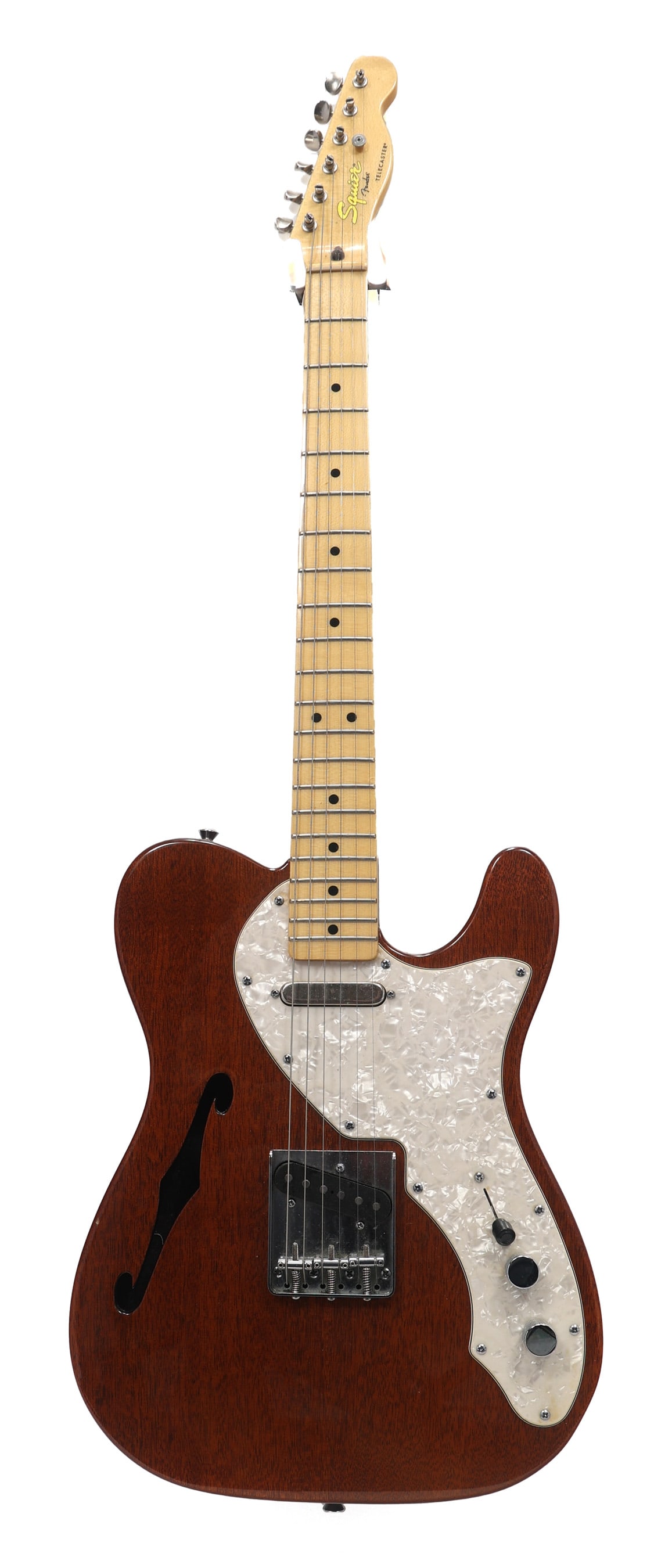 FENDER SQUIER TELECASTER ELECTRIC GUITAR: FENDER SQUIER TELECASTER ELECTRIC GUITAR Fender Squier Telecaster electric guitar. Brown wood lacquer body, pearlescent pickguard. Body: Hollow Includes Case: No Model: Squier Telecaster Overall Lengt