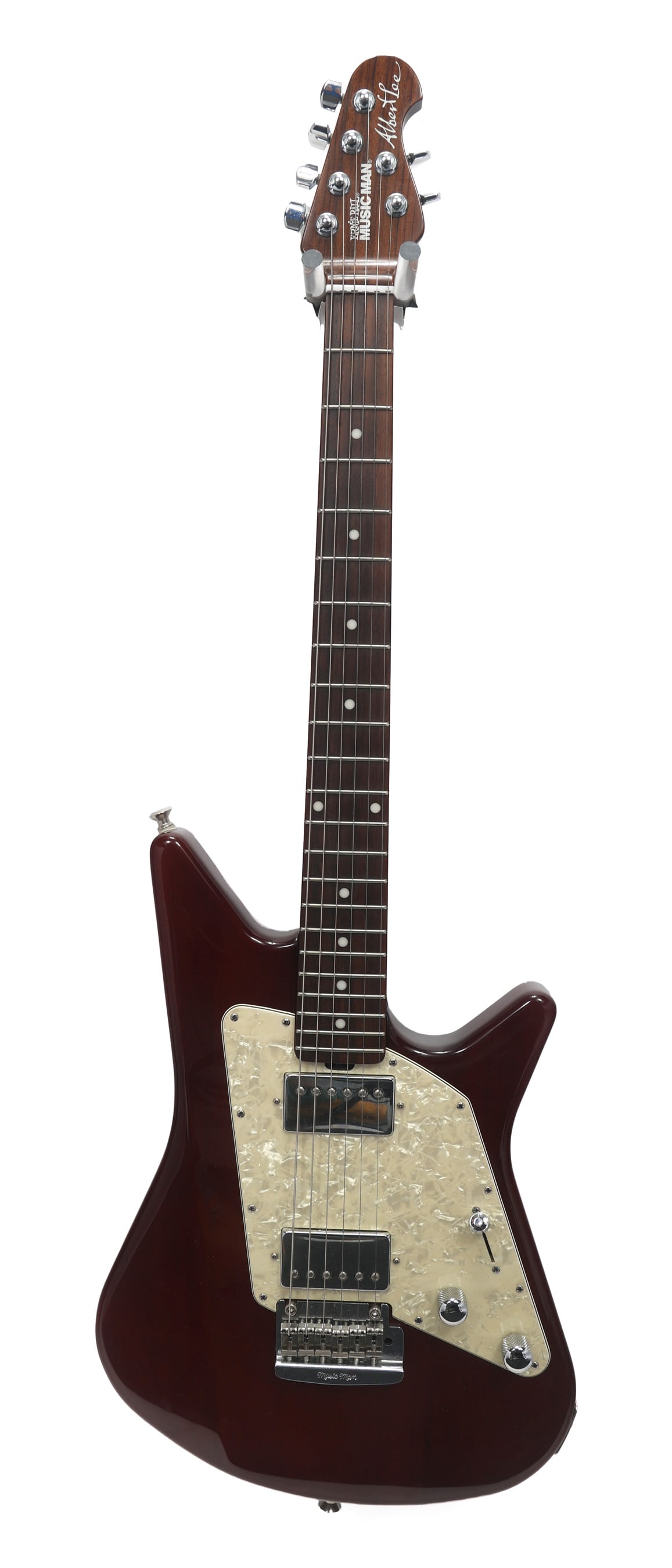 ERNIE BALL MUSIC MAN ALBERT LEE ELECTRIC GUITAR: ERNIE BALL MUSIC MAN ALBERT LEE ELECTRIC GUITAR Ernie Ball Music Man Albert Lee electric guitar. Maroon body, pearlescent pickguard. Includes Music Man black plastic hard case. Body: Solid Includes Ca