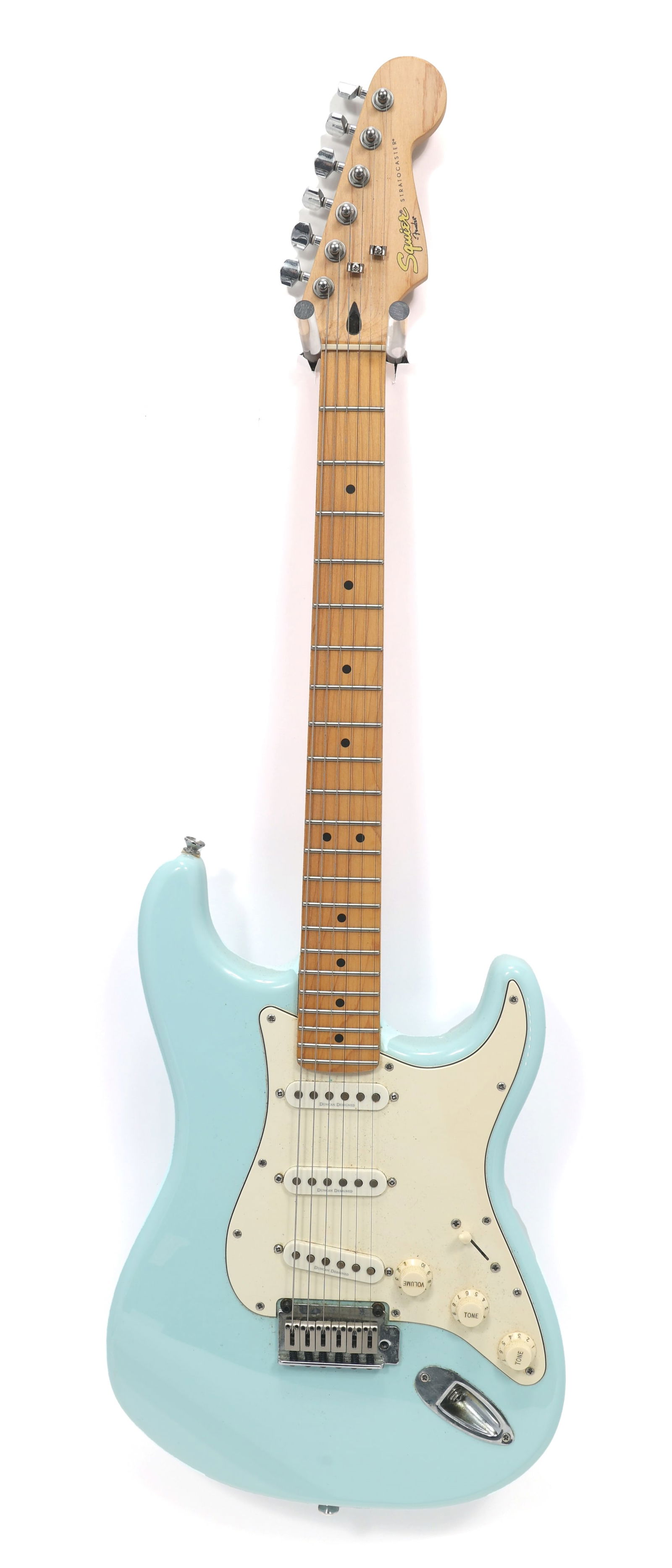 FENDER SQUIER STRATOCASTER ELECTRIC GUITAR: FENDER SQUIER STRATOCASTER ELECTRIC GUITAR Fender Squier Stratocaster electric guitar. Light blue lacquer body, cream pickguard Includes: tremolo bar & spring Body: Solid Includes Case: No Mo