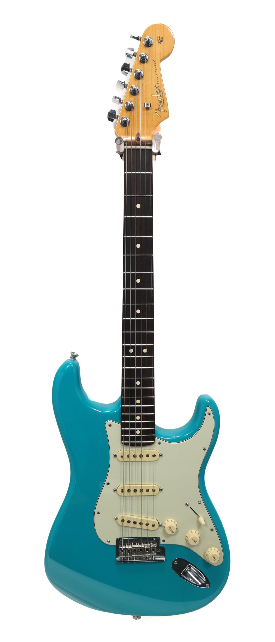 FENDER STRATOCASTER ELECTRIC GUITAR: FENDER STRATOCASTER ELECTRIC GUITAR Fender Stratocaster electric guitar. Original contour body. Turquoise body, cream pickguard. Includes Fender black plastic hard case. Body: Solid Includes Case: Yes
