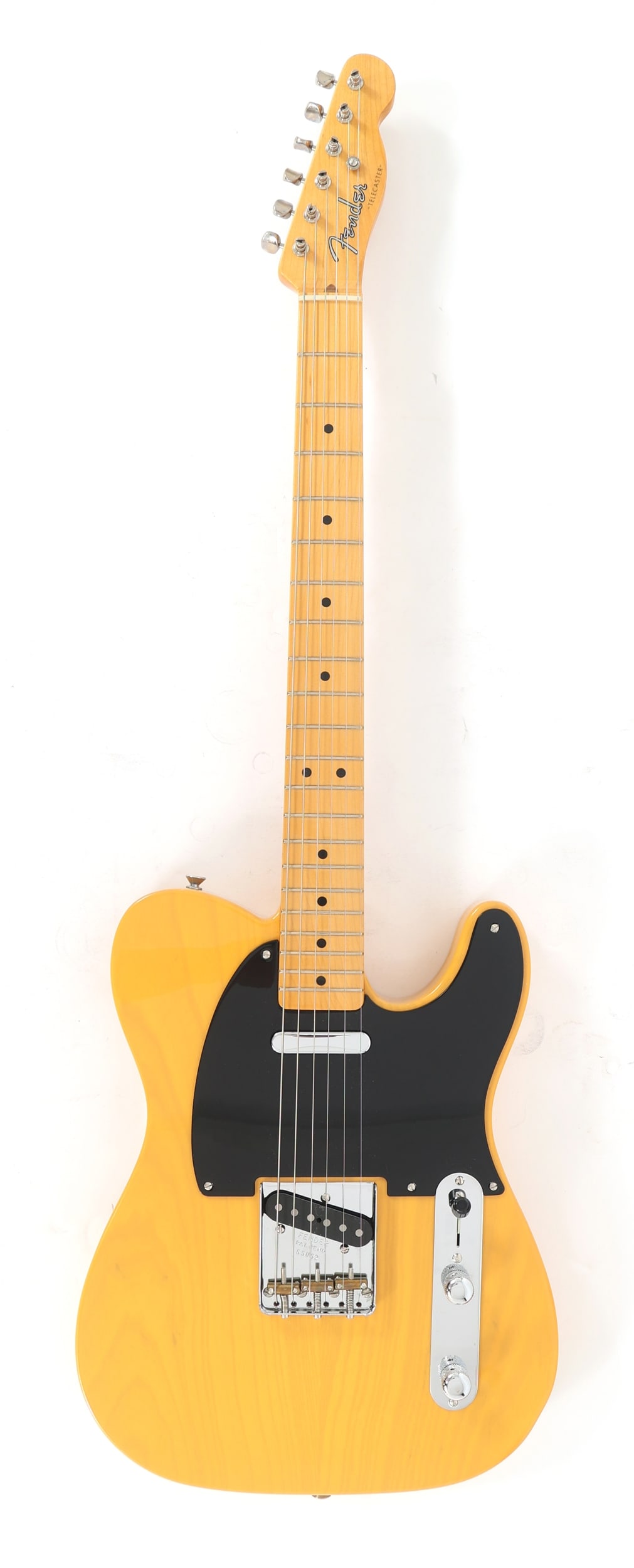FENDER TELECASTER ELECTRIC GUITAR: FENDER TELECASTER ELECTRIC GUITAR Fender Telecaster electric guitar. Butterscotch lacquer body, black pickguard. Includes Fender hard case, strap, & TRS cable. Body: Solid Includes