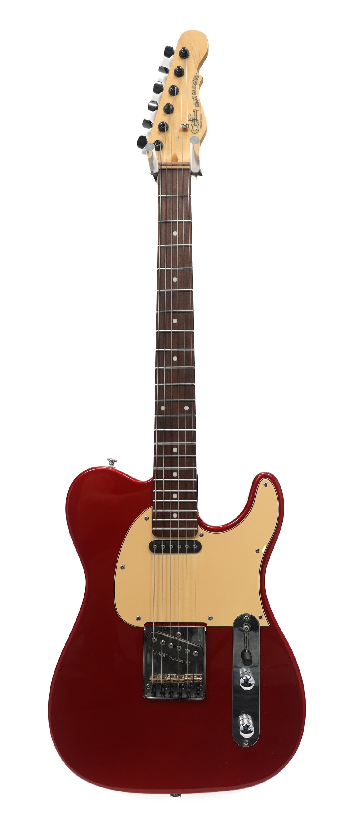 G&L TRIBUTE SERIES ASAT CLASSIC ELECTRIC GUITAR: G&L TRIBUTE SERIES ASAT CLASSIC ELECTRIC GUITAR G&L Tribute Series ASAT Classic electric guitar. Metallic red lacquer body, tan pickguard. Body: Solid Includes Case: No Model: ASAT Classic Ov