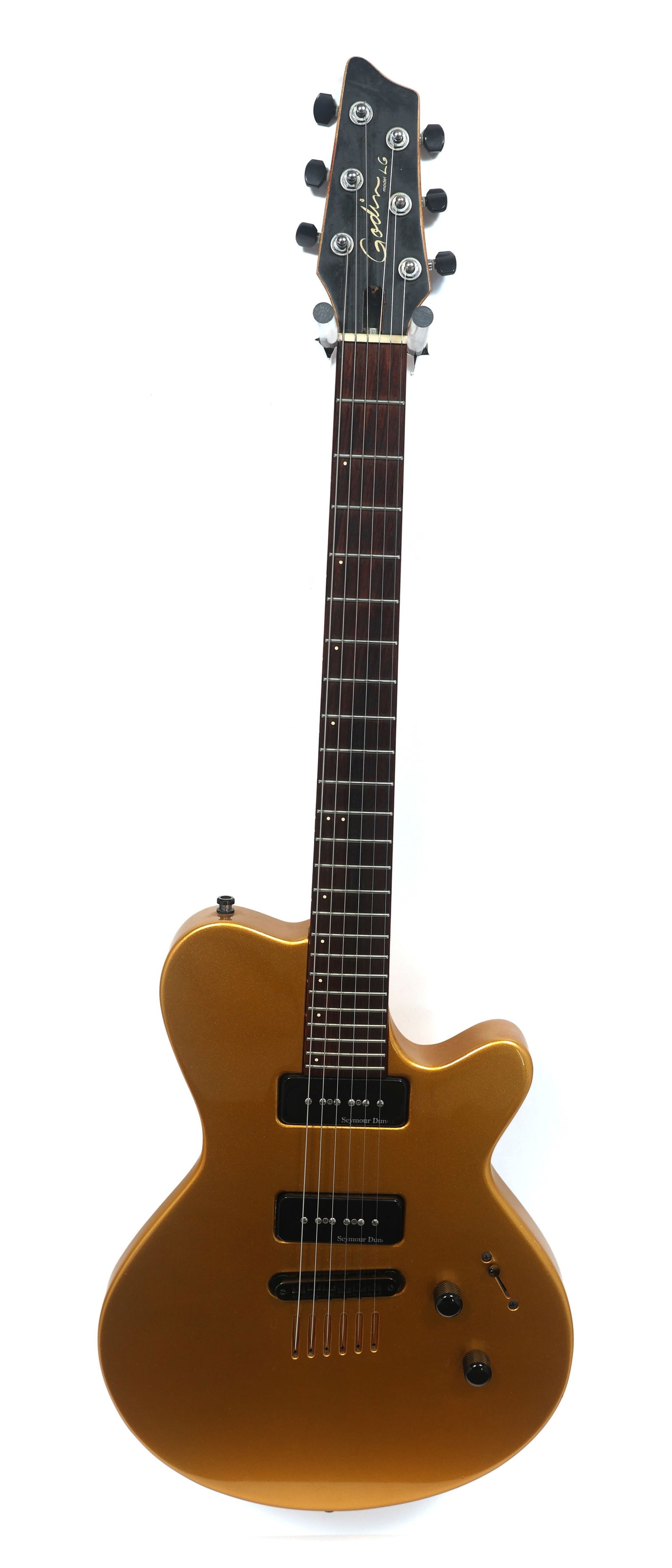GODIN LG ELECTRIC GUITAR: GODIN LG ELECTRIC GUITAR Godin LG electric guitar. Metallic dark yellow body. Body: Solid Includes Case: No Model: LG Overall Length: 38.5" Serial Number: 01505448 Width (at widest point): 12.75