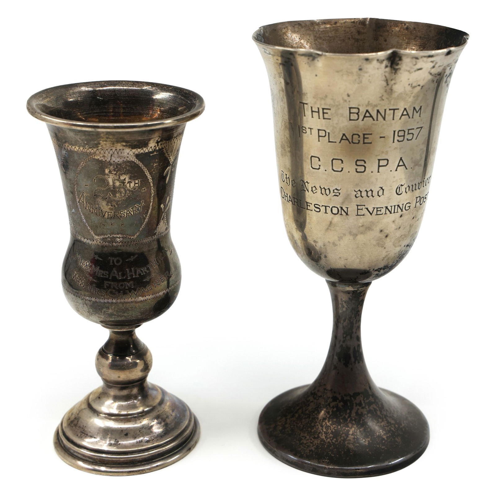 STERLING GOBLETS - C.C.S.P.A. SAILING RACE 1ST PLACE: STERLING GOBLETS - C.C.S.P.A. SAILING RACE 1ST PLACE Sterling silver cups include: Preisner Silver Co. 10 pattern water goblet, engraved "The Bantam, 1st Place 1957, CCSPA, Charleston Evening Po