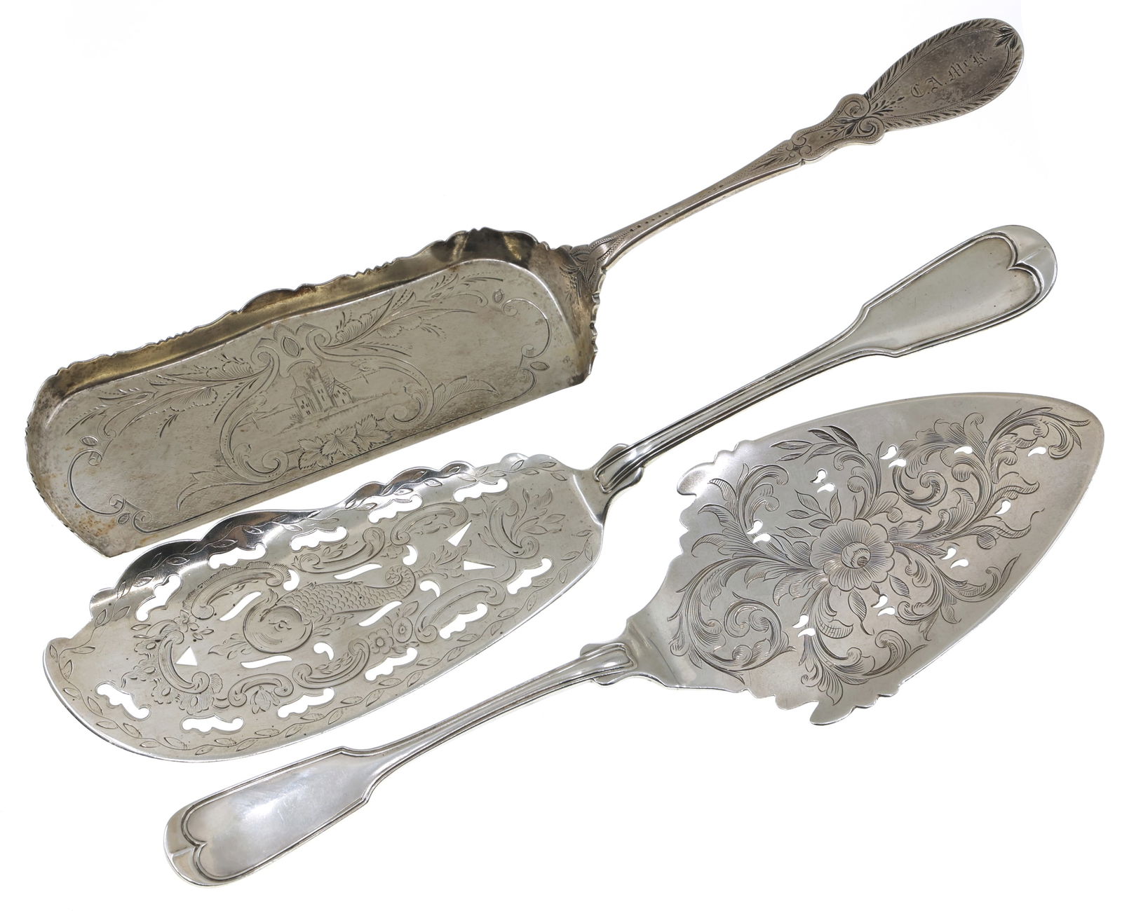 COIN .900 SILVER SERVEWARE: COIN .900 SILVER SERVEWARE Coin .900 silver serveware: Joseph Seymore Manufacturing Co. crumber Pastoral engraving Monogrammed "C.A. McK" 12"