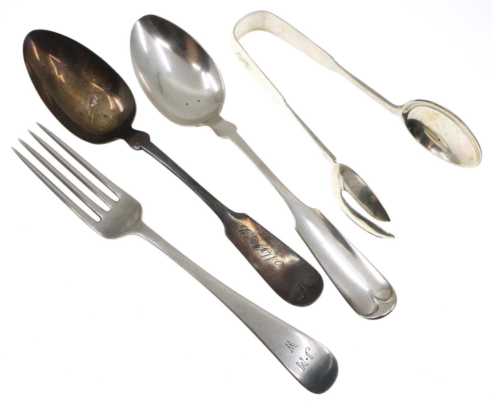 STERLING SILVER SERVEWARE: STERLING SILVER SERVEWARE Sterling silver serveware: Dominick & Haff Old English antique pattern fork, monogrammed "JMW", 8" Old Newbury Crafters ice tongs, monogrammed