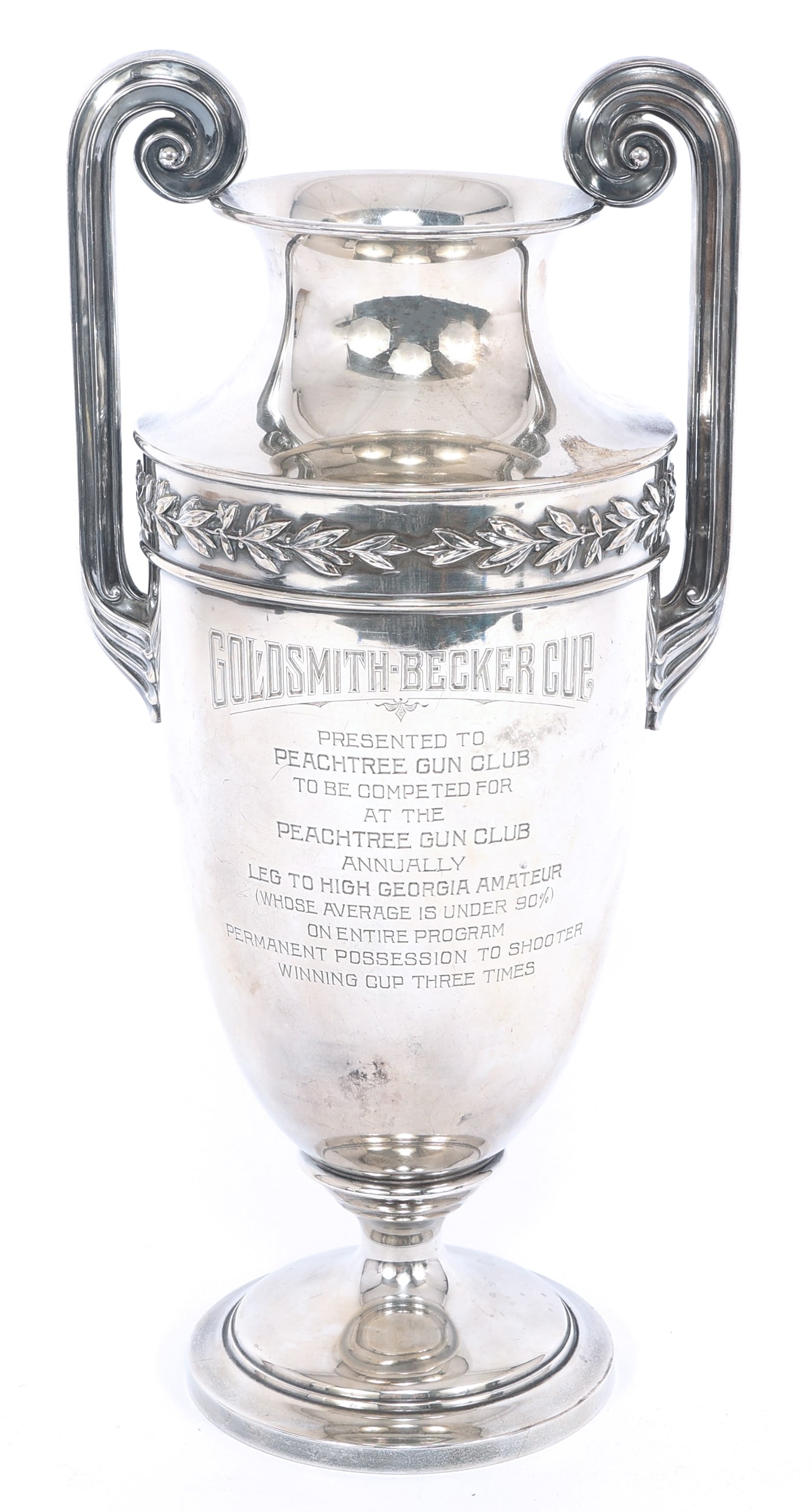 STERLING TROPHY PEACHTREE GUN CLUB LEG TO HIGH GEORGIA: STERLING TROPHY PEACHTREE GUN CLUB LEG TO HIGH GEORGIA Sterling silver International Silver Company trophy. Engraved: "GOLDSMITH-BECKER CUP, Presented to Peachtree Gun Club to be Competed fo