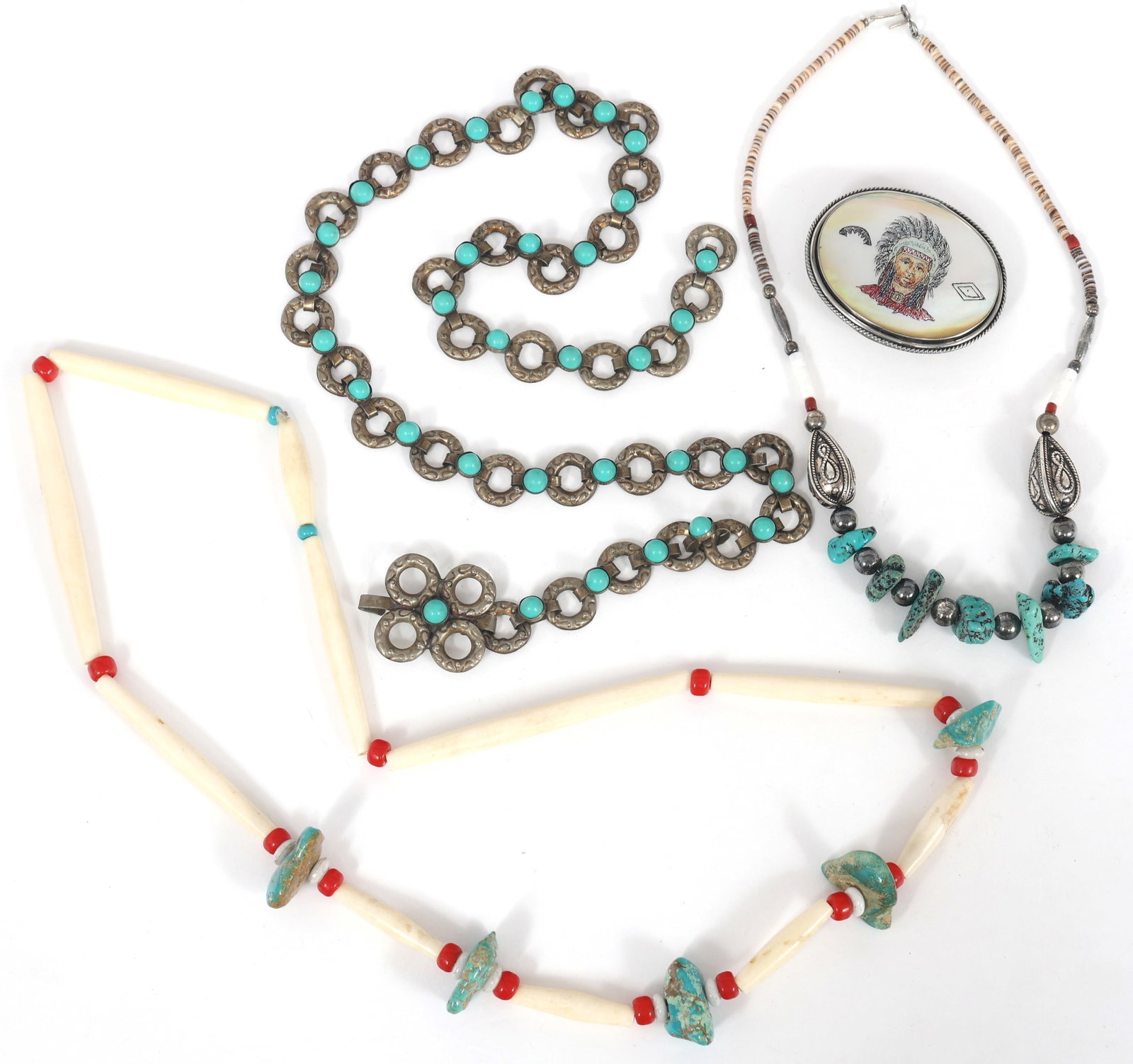 SOUTHWESTERN STYLE TURQUOISE, BONE, & SHELL JEWELRY: SOUTHWESTERN STYLE TURQUOISE, BONE, & SHELL JEWELRY Southwestern style jewelry: Turquoise and bone necklace, 34" Turquoise, shell, and silver-tone beaded necklace, 18" Howlite and silver-tone be
