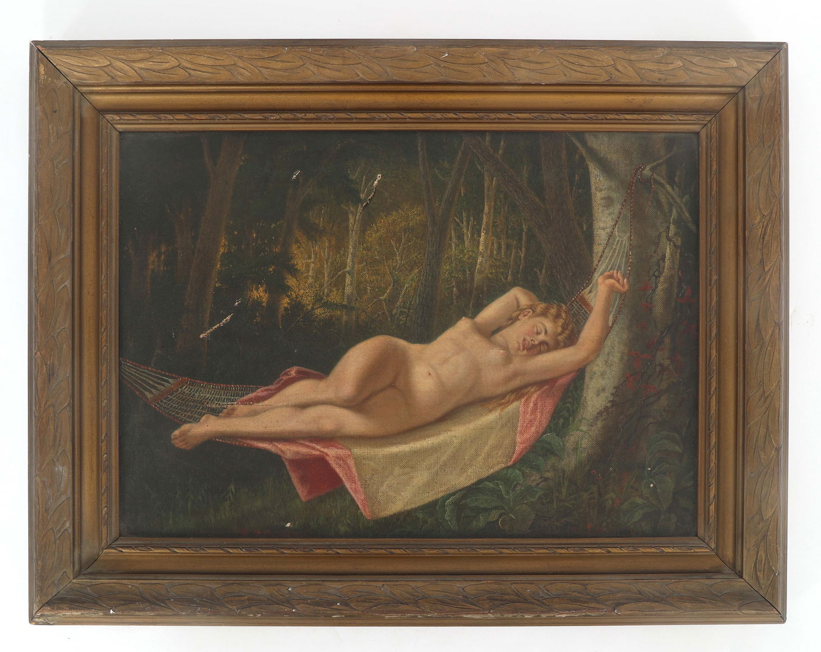 OIL ON CANVAS RECLINING NUDE PAINTING: OIL ON CANVAS RECLINING NUDE PAINTING Oil on canvas painting of a reclining nude woman. No visible signature Size - Framed: 25.25" x 19.25" Size - Viewable: 19.5" x 13.5"