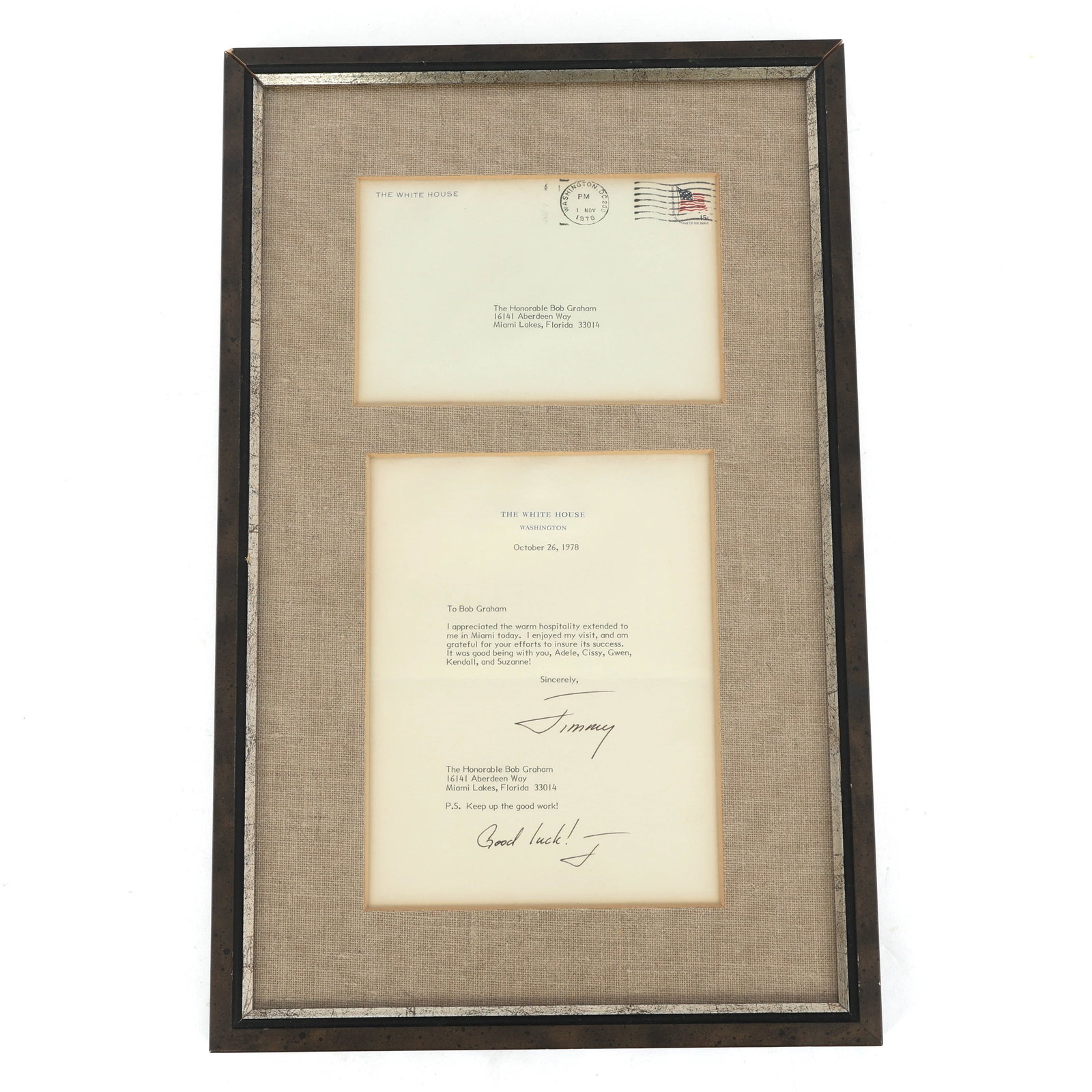 SIGNED LETTER FROM PRES. JIMMY CARTER TO BOB GRAHAM: SIGNED LETTER FROM PRES. JIMMY CARTER TO BOB GRAHAM Framed typed signed letter from President Jimmy Carter thanking Bob Graham for his hospitality during Carter's visit to Miami. Dated October 26, 197