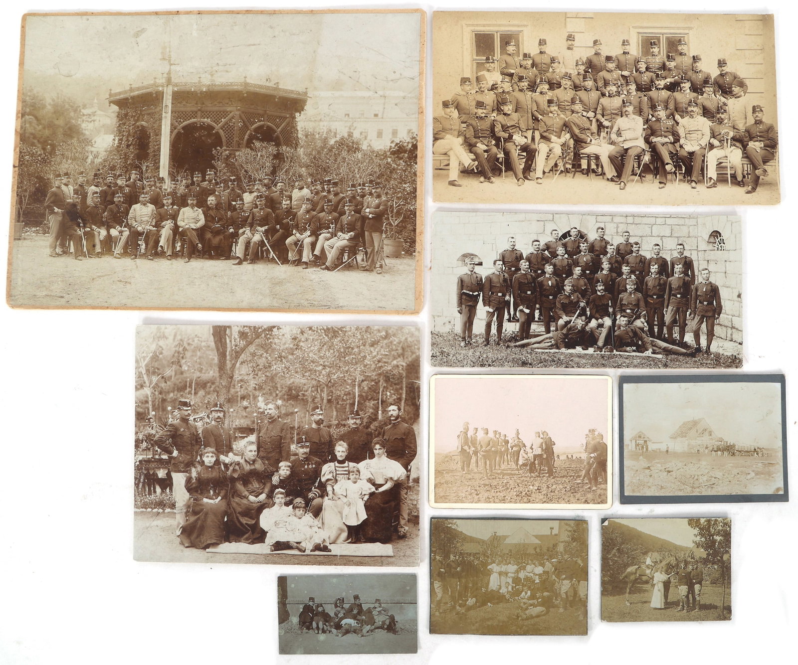 AUSTRO-HUNGARIAN MILITARY CABINET CARDS: AUSTRO-HUNGARIAN MILITARY CABINET CARDS Nine Austro-Hungarian military cabinet card photographs. Depicting soldiers & families. Smallest 3.75 x 2" Largest 12 x 8.5"