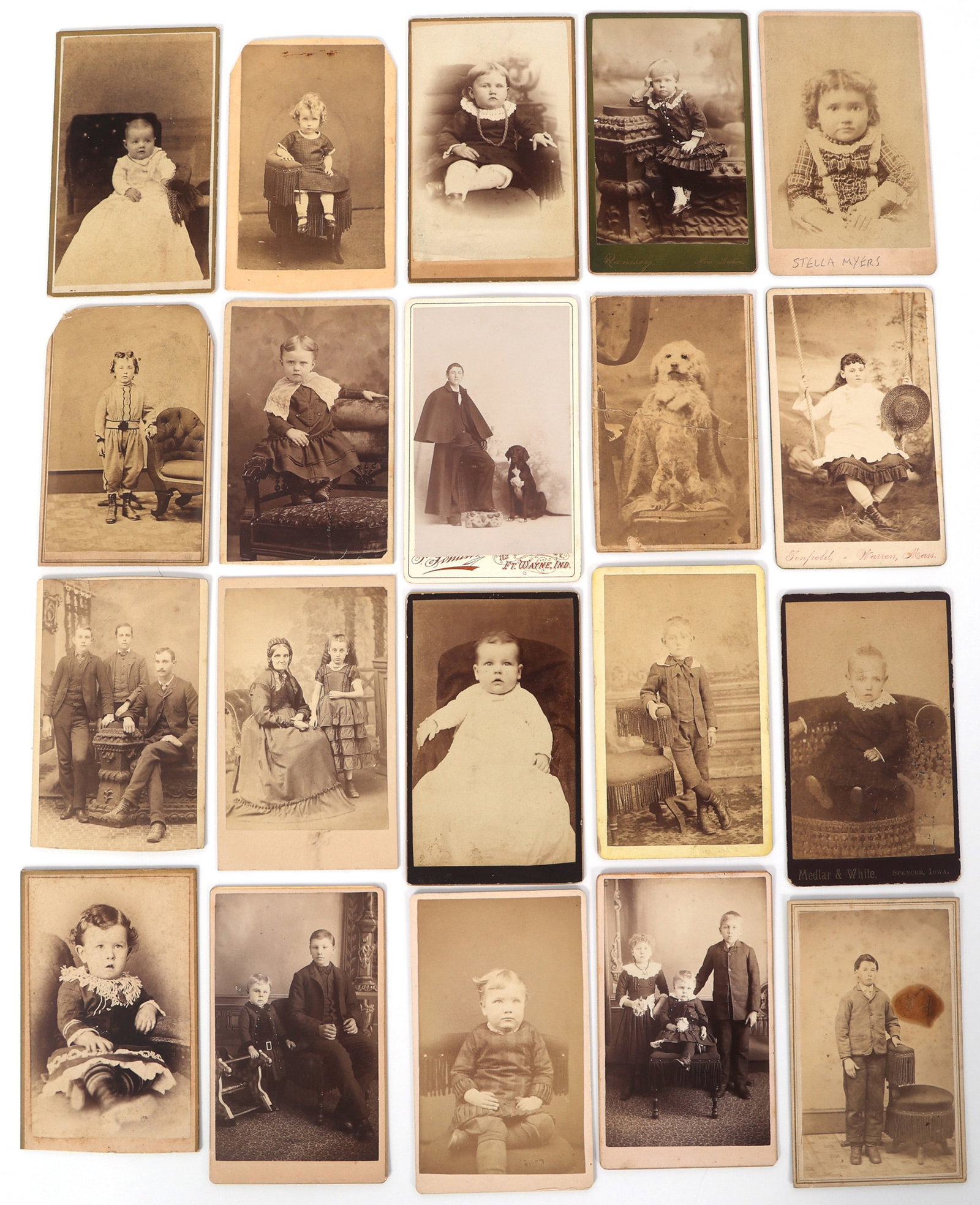 CARTE DE VISITE PORTRAITS OF CHILDREN AND FAMILIES: CARTE DE VISITE PORTRAITS OF CHILDREN AND FAMILIES Lot of 20 cartes de visite portraits of children, families, and a dog. Some of the publishers included: L.M. Townsend, West Library, IA J.L. Hudson, 