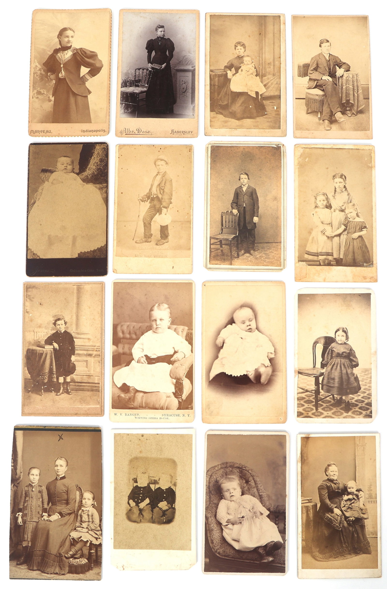 CARTE DE VISTE PORTRAITS OF CHILDREN: CARTE DE VISTE PORTRAITS OF CHILDREN Lot of 16 cartes de visite portraits of children. Some of the publishers included: Marceau, Indianapolis, IN W.V. Ranger, Syracuse, NY Jones, Columbia City,