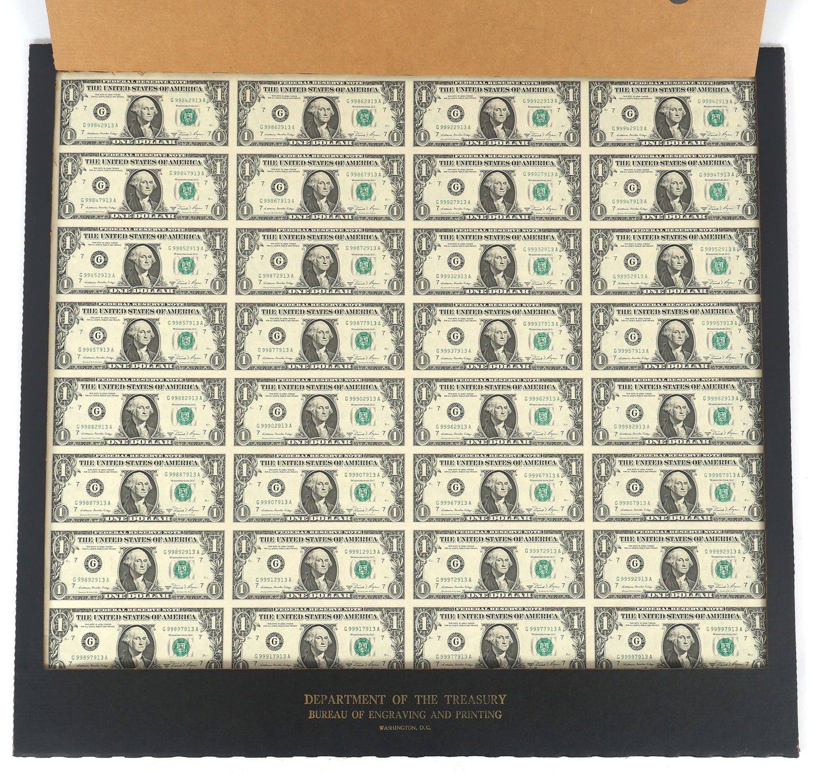 US MINT 1981 $1 UNCUT CURRENCY SHEET: US MINT 1981 $1 UNCUT CURRENCY SHEET US Mint uncut currency sheet with (32) Series 1981 A $1 notes. 