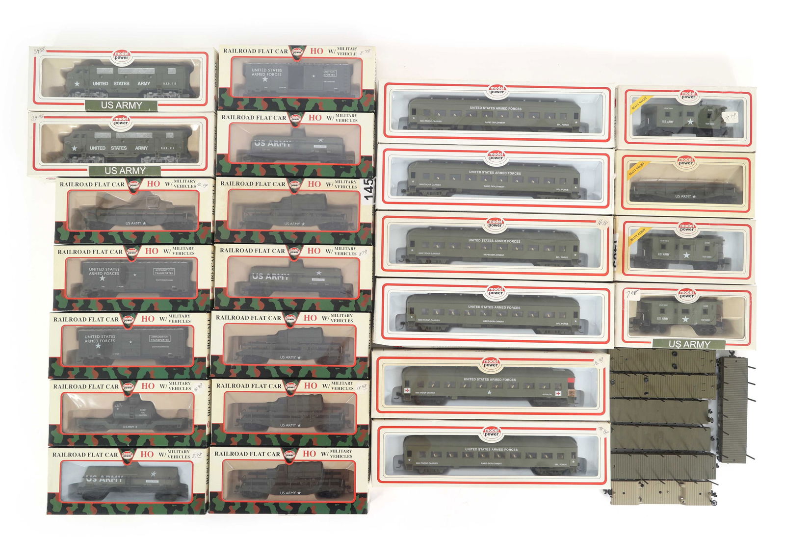 MODEL POWER MILITARY MODEL TRAIN CARS HO SCALE: MODEL POWER MILITARY MODEL TRAIN CARS HO SCALE Model Power HO Scale Model Train Cars: (2) 96813 US Army F2A Dual Drive Lighted Diesel Locomotive (3) 9165 Army Caboose (3) Military Ac