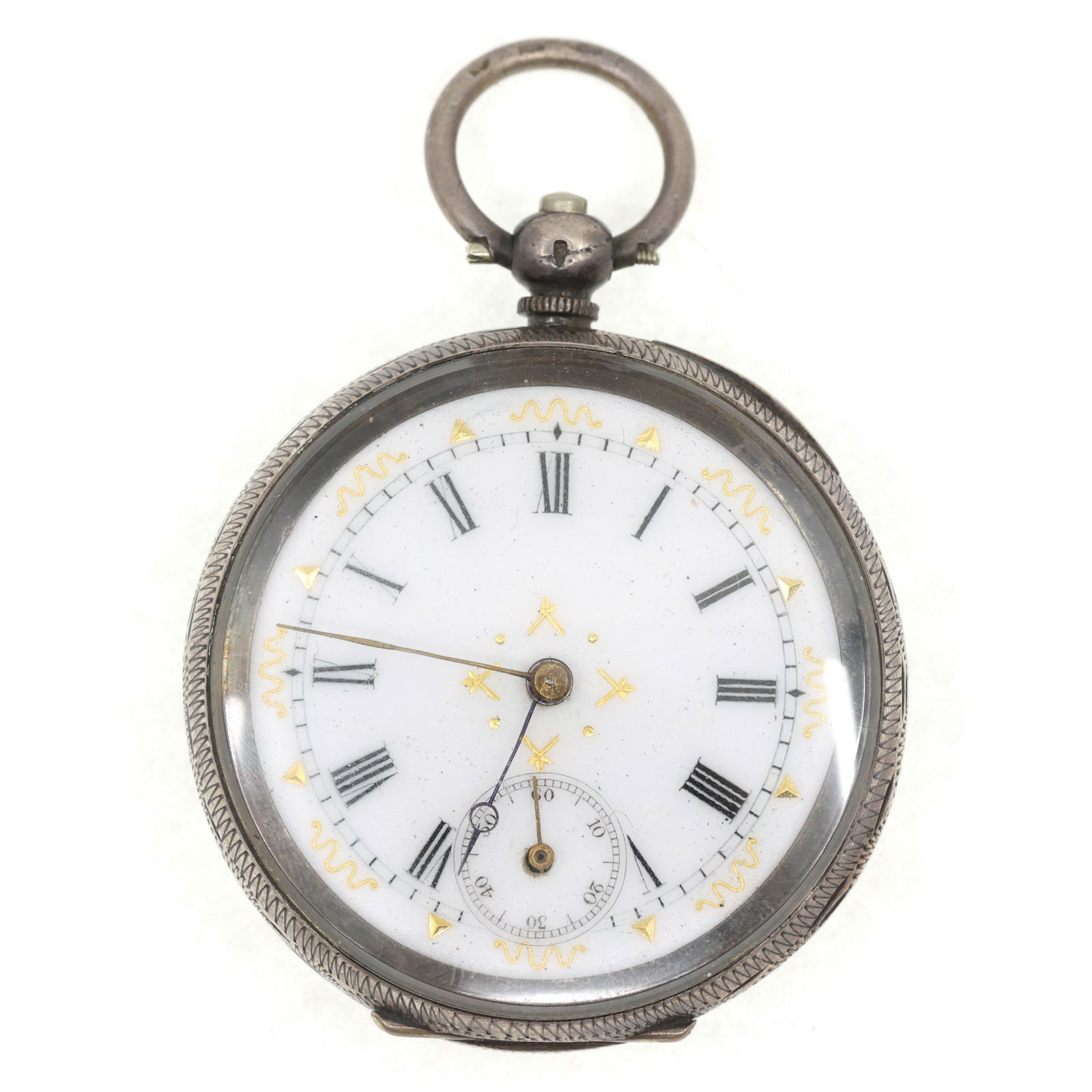 MENS .935 SILVER CASE POCKET WATCH: MENS .935 SILVER CASE POCKET WATCH Men's .935 silver case pocket watch: Open face Roman numerals Key wind, does not include key Case #: 30778 Size: 39.35mm