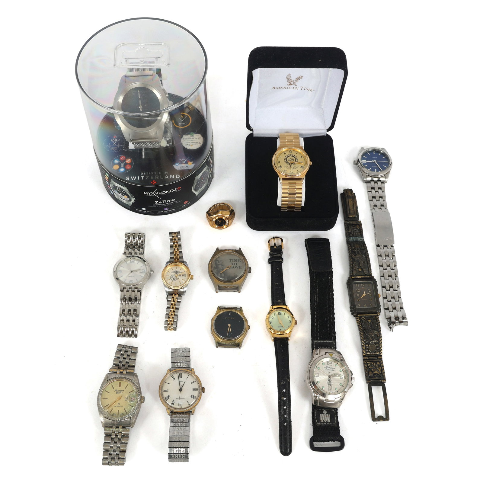 MENS WRISTWATCHES: MENS WRISTWATCHES (13) Men's wristwatches include: Kronoz ZeTime hybrid smartwatch Fossil blue steel watch American Time UAW retired