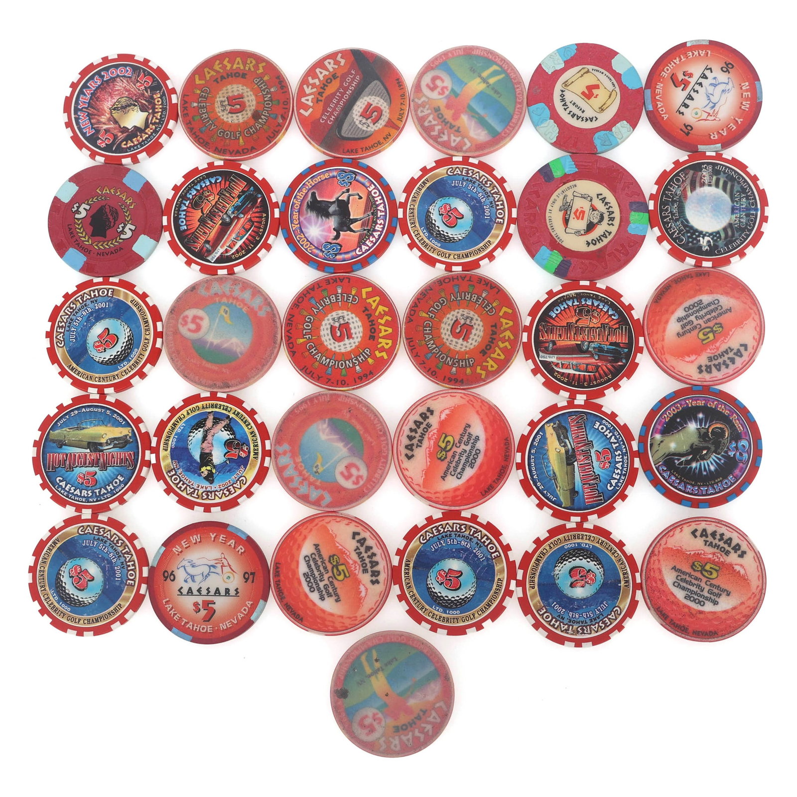 CAESARS TAHOE CASINO CHIPS: CAESARS TAHOE CASINO CHIPS Caesars Tahoe casino chips: (29) $5 (2) $8 Size: 1.5"