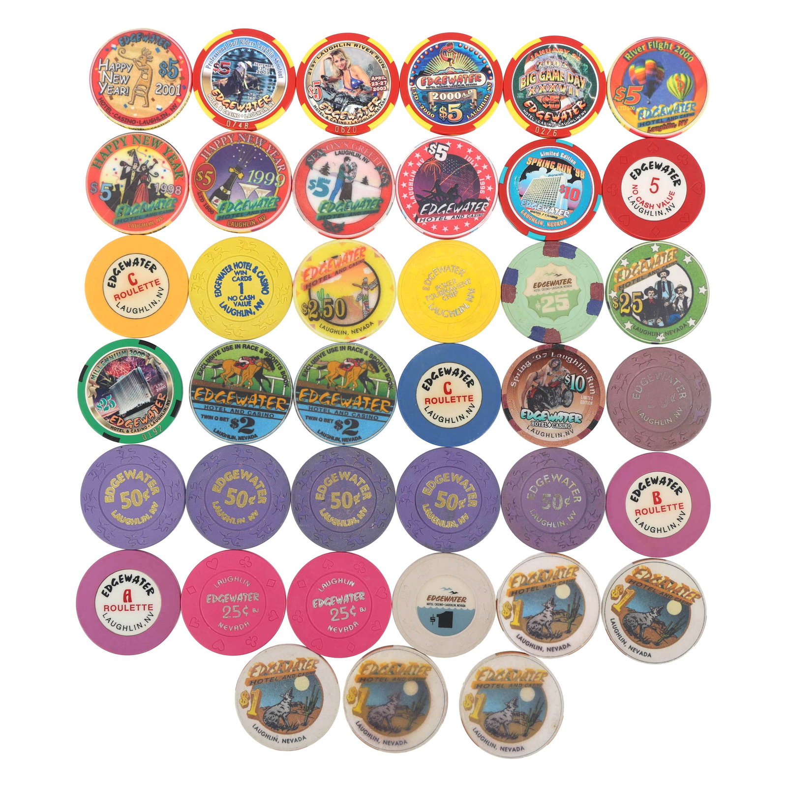 EDGEWATER CASINO CHIPS: EDGEWATER CASINO CHIPS Edgewater casino chips: (2) 25¢ (6) 50¢ (6) $1 (2) $2 (1) $2.50 (10) $5 (2) $10