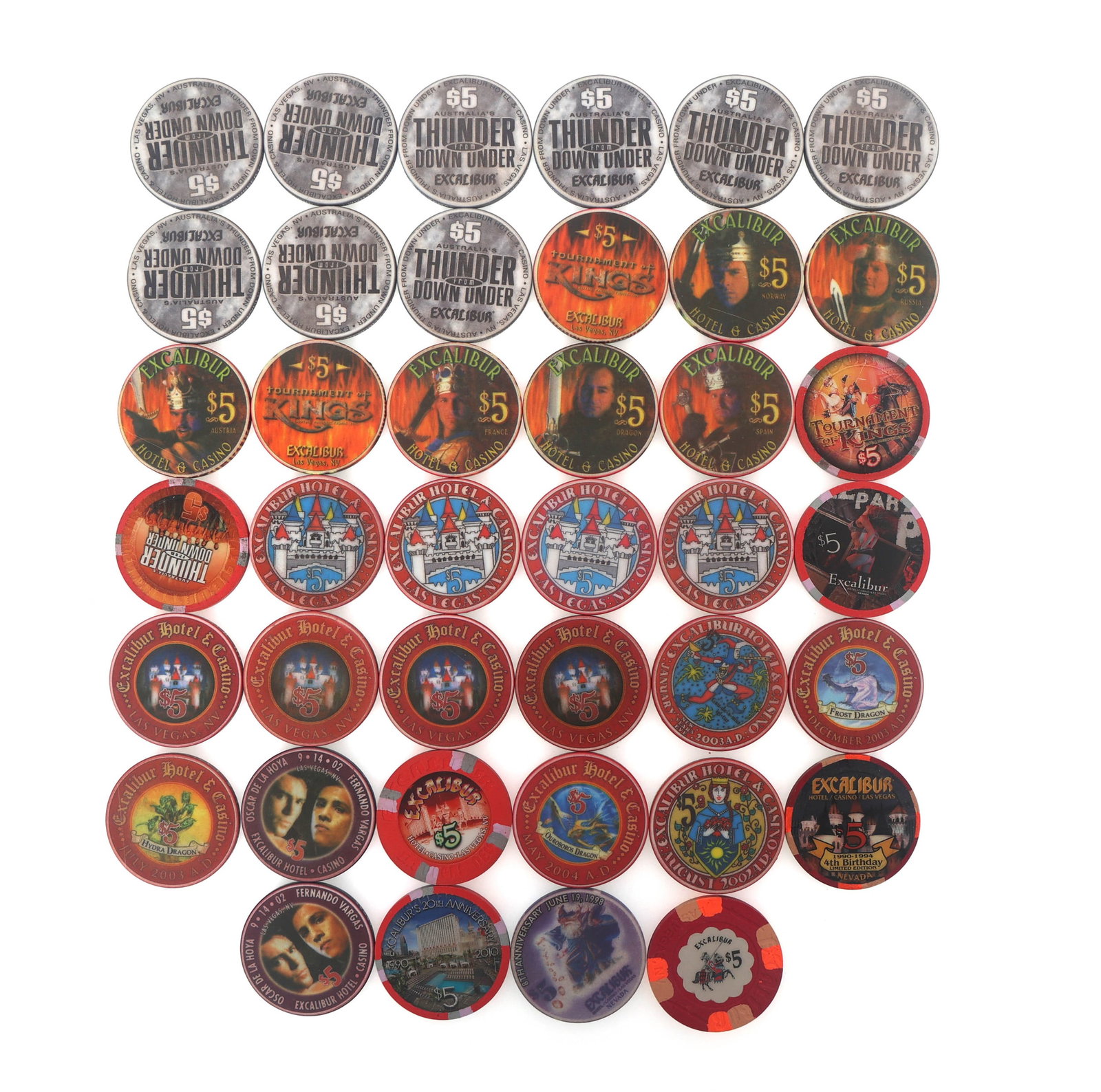 EXCALIBUR $5 CASINO CHIPS: EXCALIBUR $5 CASINO CHIPS Excalibur casino chips: (40) $5 Size: 1.5"