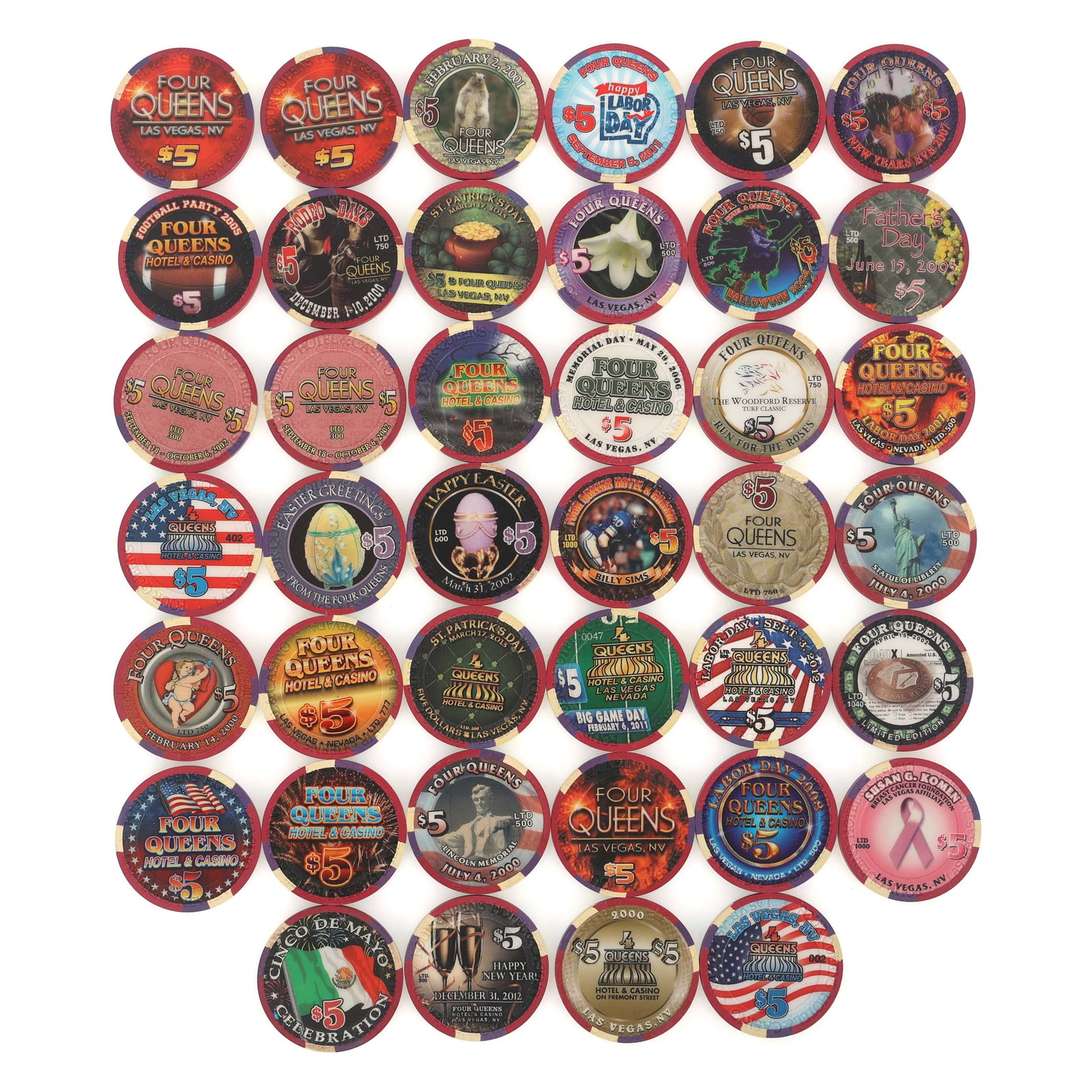 FOUR QUEENS $5 CASINO CHIPS: FOUR QUEENS $5 CASINO CHIPS Four Queens casino chips: (40) $5 Size: 1.5"