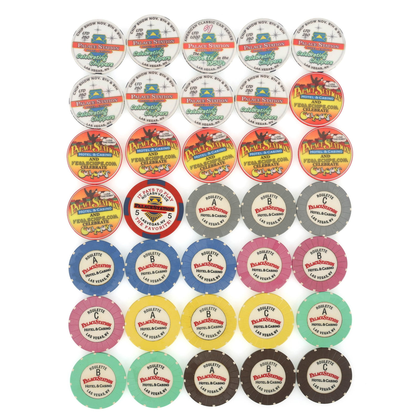 PALACE STATION SOUVENIR & ROULETTE CASINO CHIPS: PALACE STATION SOUVENIR & ROULETTE CASINO CHIPS Palace Station souvenir & roulette casino chips: (9) LTD 250 Celebrating Chippers (7) LTD 500 Celebrating Collectors
