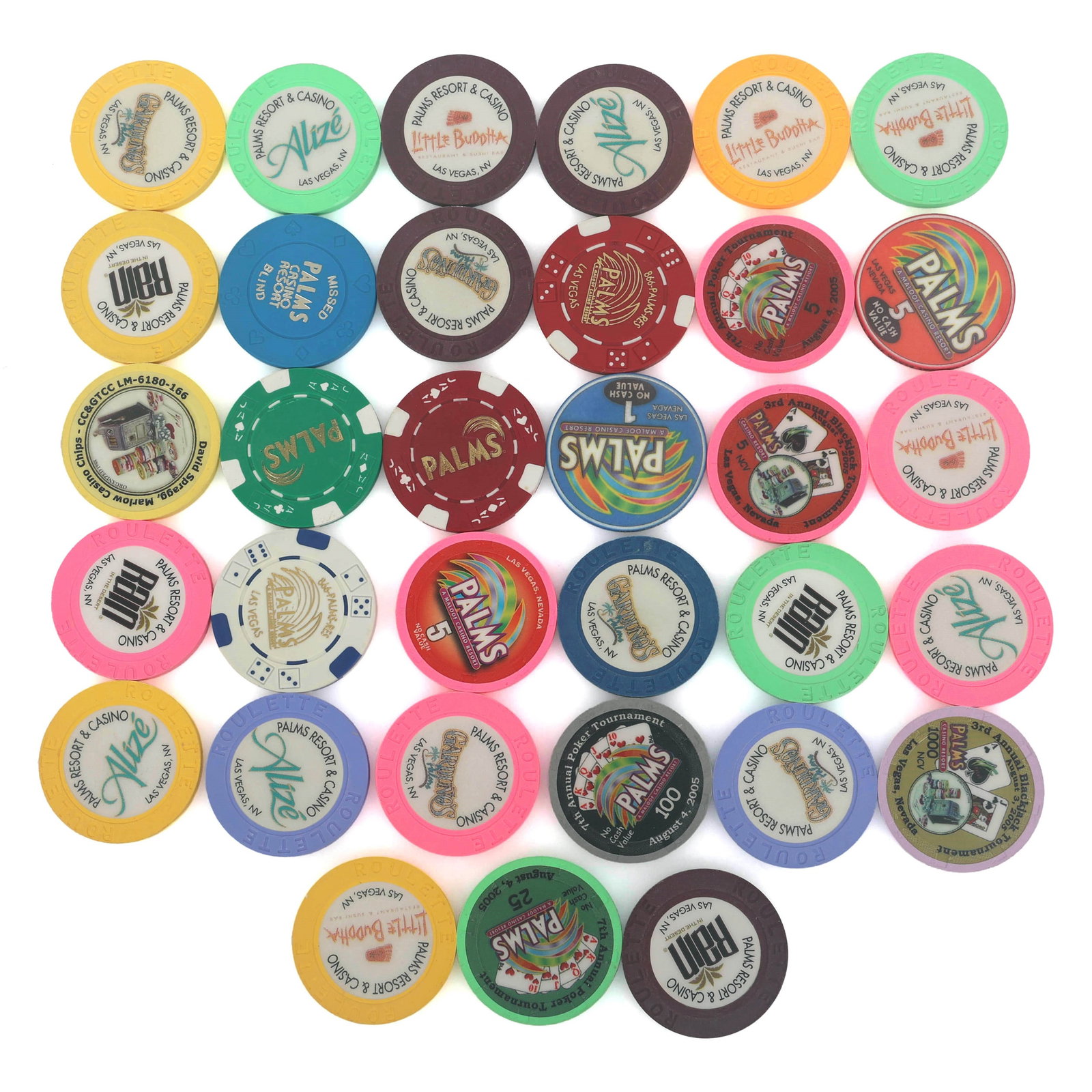 PALMS CASINO CHIPS: PALMS CASINO CHIPS Palms casino chips: (20) Roulette (7) No cash value (6) Card Size: 1.5"