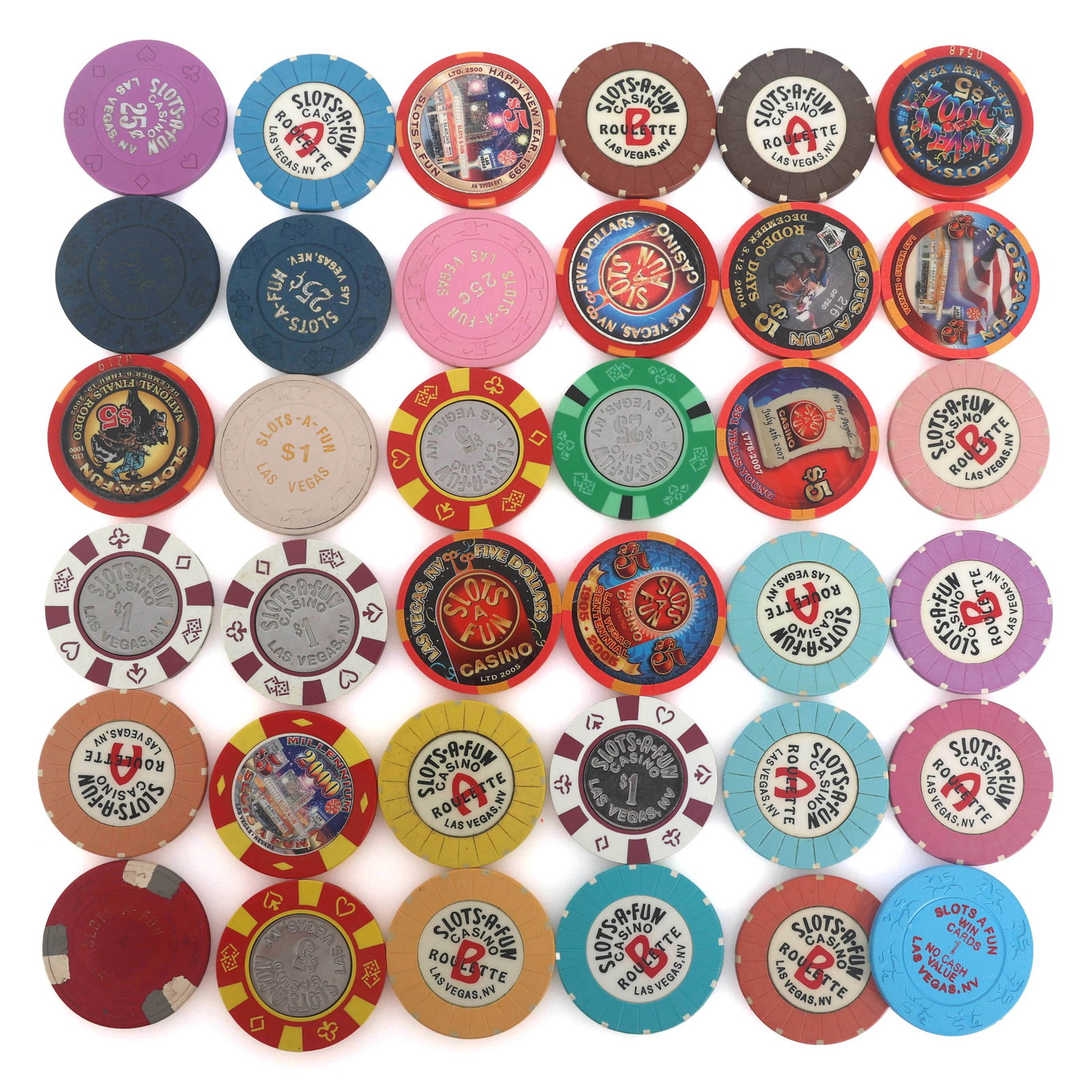 SLOTS-A-FUN CASINO CHIPS: SLOTS-A-FUN CASINO CHIPS Slots-A-Fun casino chips: (4) 25¢ (4) $1 (13) $5 (1) $25 (13) Roulette (1) No Cash Value