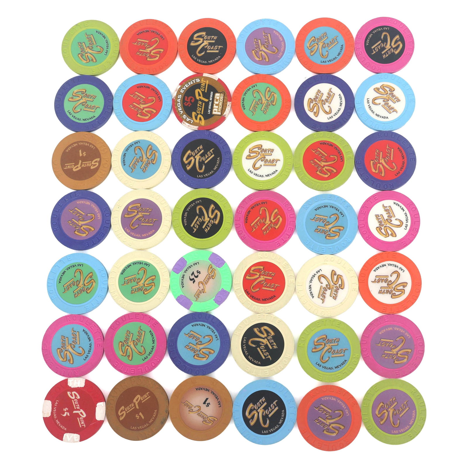 SOUTH COAST CASINO CHIPS: SOUTH COAST CASINO CHIPS South Coast casino chips: (3) $1 (2) $5 (1) $25 (36) Roulette Size: 1.5"