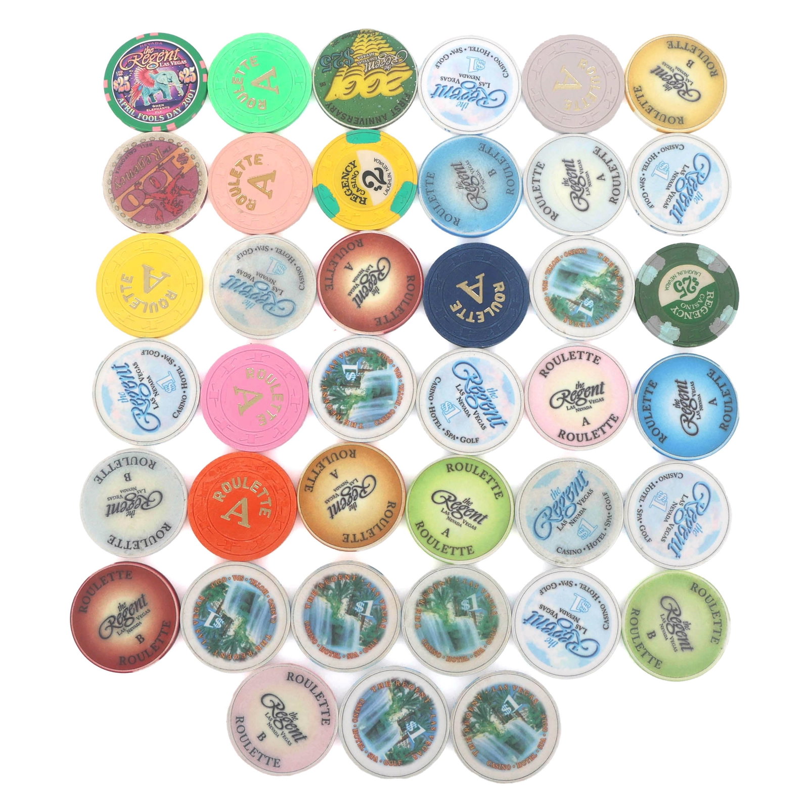 THE REGENT CASINO CHIPS: THE REGENT CASINO CHIPS The Regent casino chips: (15) $1 (1) $2 (3) $25 (1) $100 (19) Roulette Size: 1.5"