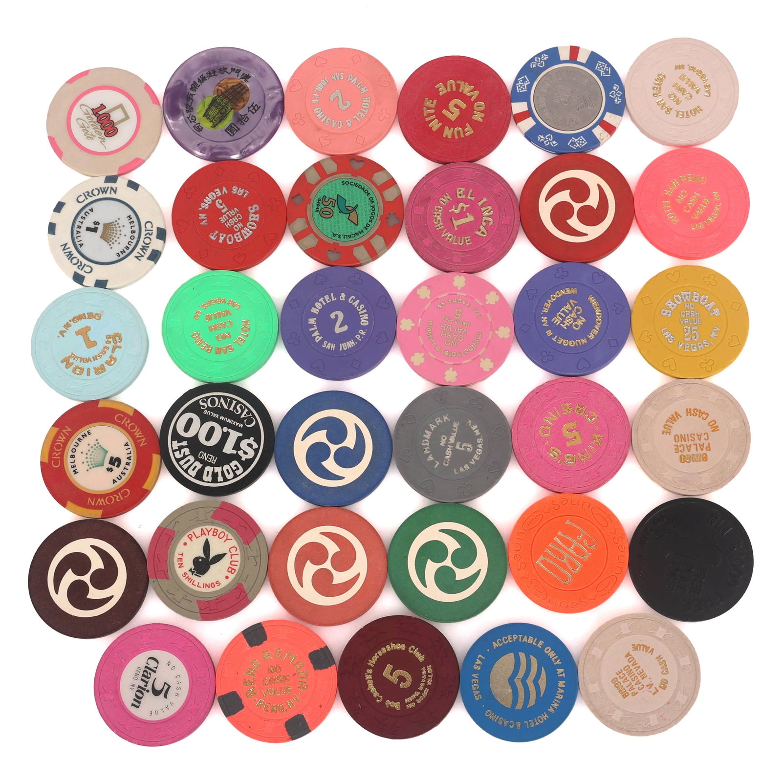 INTERNATIONAL & NO CASH VALUE CASINO CHIPS: INTERNATIONAL & NO CASH VALUE CASINO CHIPS International & no cash value chips: (2) Free Play Tokens, casinos include: Marina Mr. Sty's
