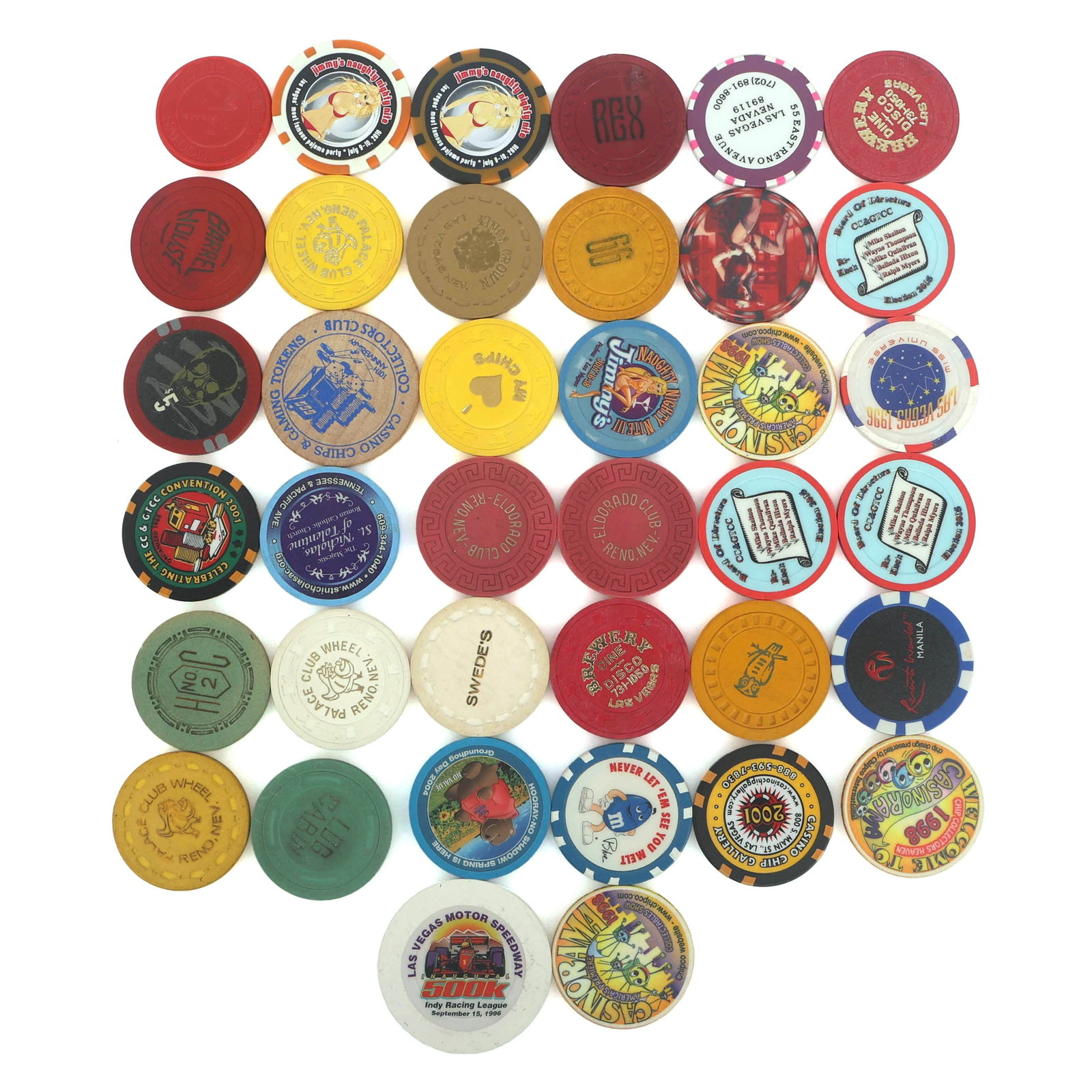 COMMEMORATIVE CHIPS & TOKENS: COMMEMORATIVE CHIPS & TOKENS Commemorative chips: (3) Palace Club Wheel (3) 1998 Casinorama (3) 2005 Election CC & GTCC Board of Directors (2) Camp-Freddy Pearl