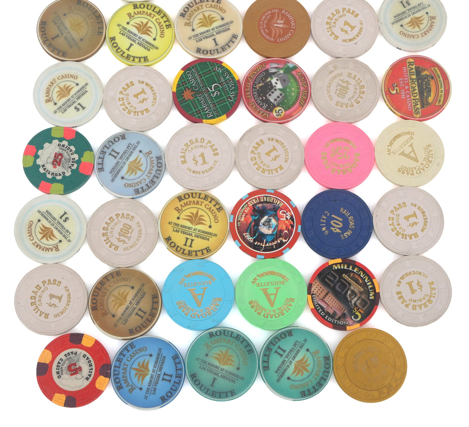 RAMPART CASINO & RAILROAD PASS CASINO CHIPS: RAMPART CASINO & RAILROAD PASS CASINO CHIPS Casino chips: Rampart Casino (6) $1 (5) $5 (14) Roulette Railroad Pass