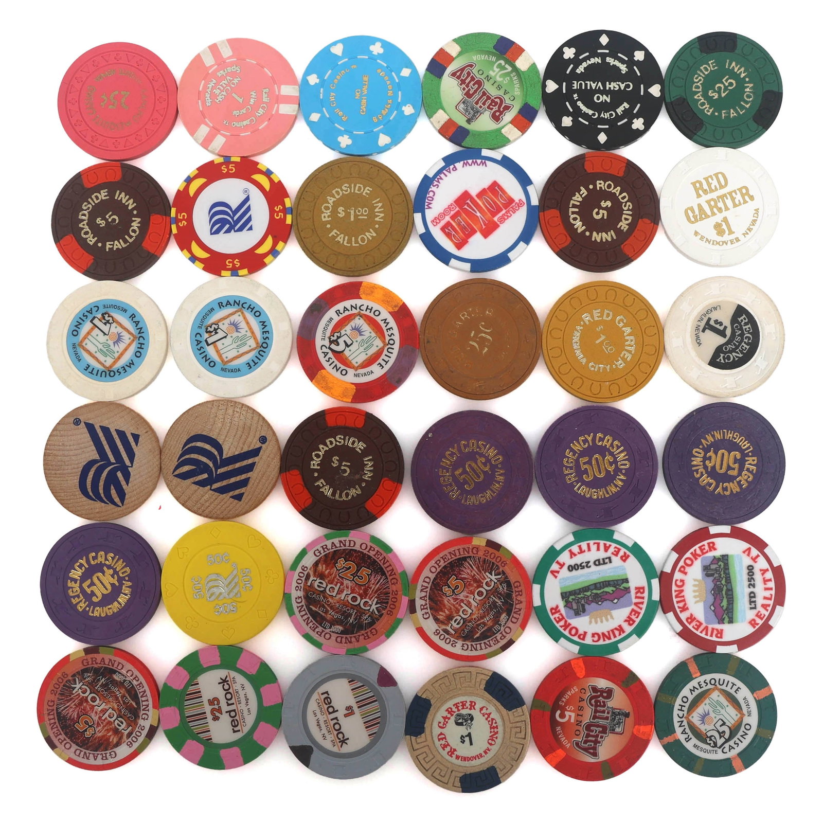 CASINO CHIPS: CASINO CHIPS Casino chips: Rancho Mesquite (1) 25¢ (2) $1 (1) $5 (1) $25 Roadside