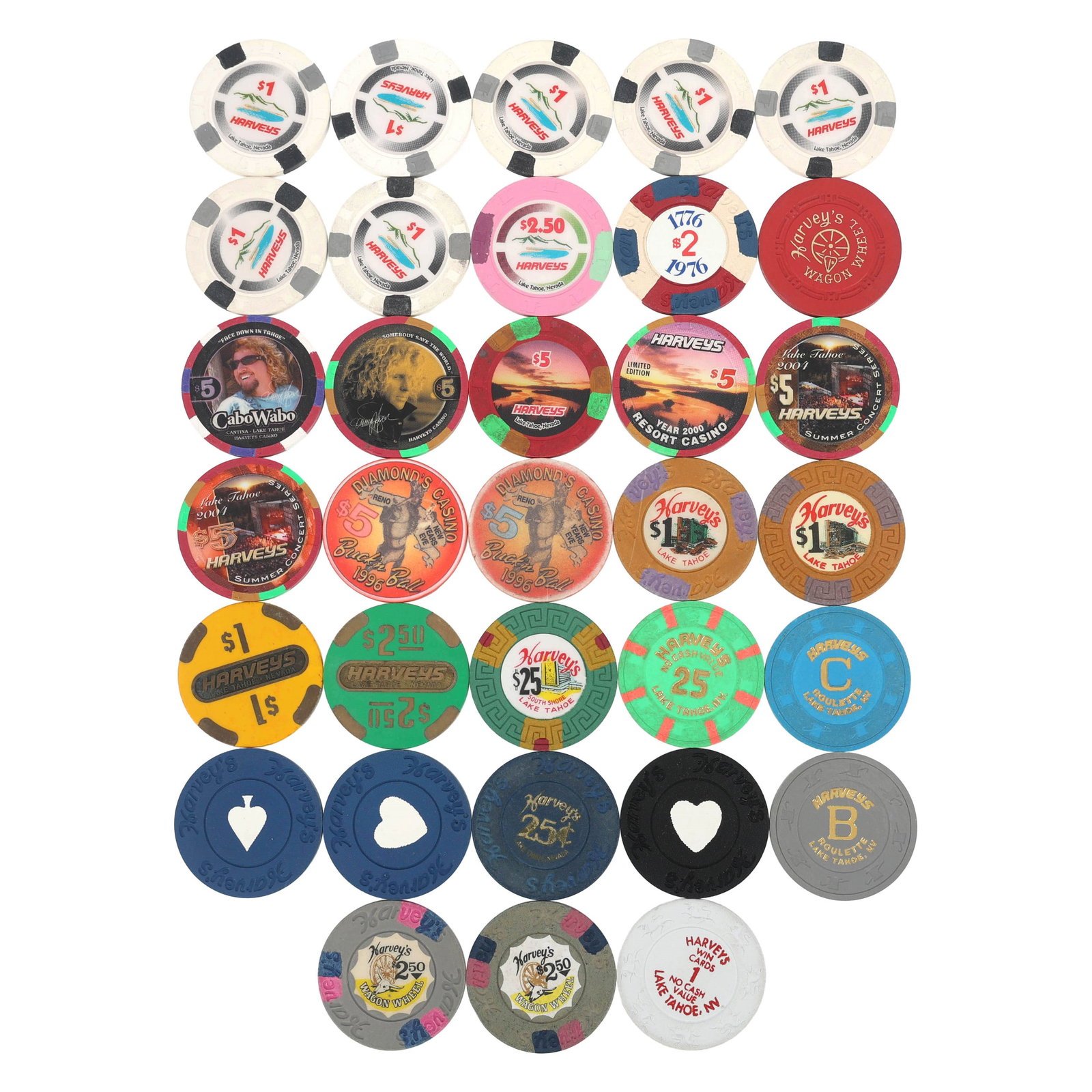 HARVEY'S & DIAMOND'S CASINO CHIPS: HARVEY'S & DIAMOND'S CASINO CHIPS Casino chips: Harvey's (1) 25¢ (10) $1 (1) $2 (4) $2.50 (6) $5 (1) $25