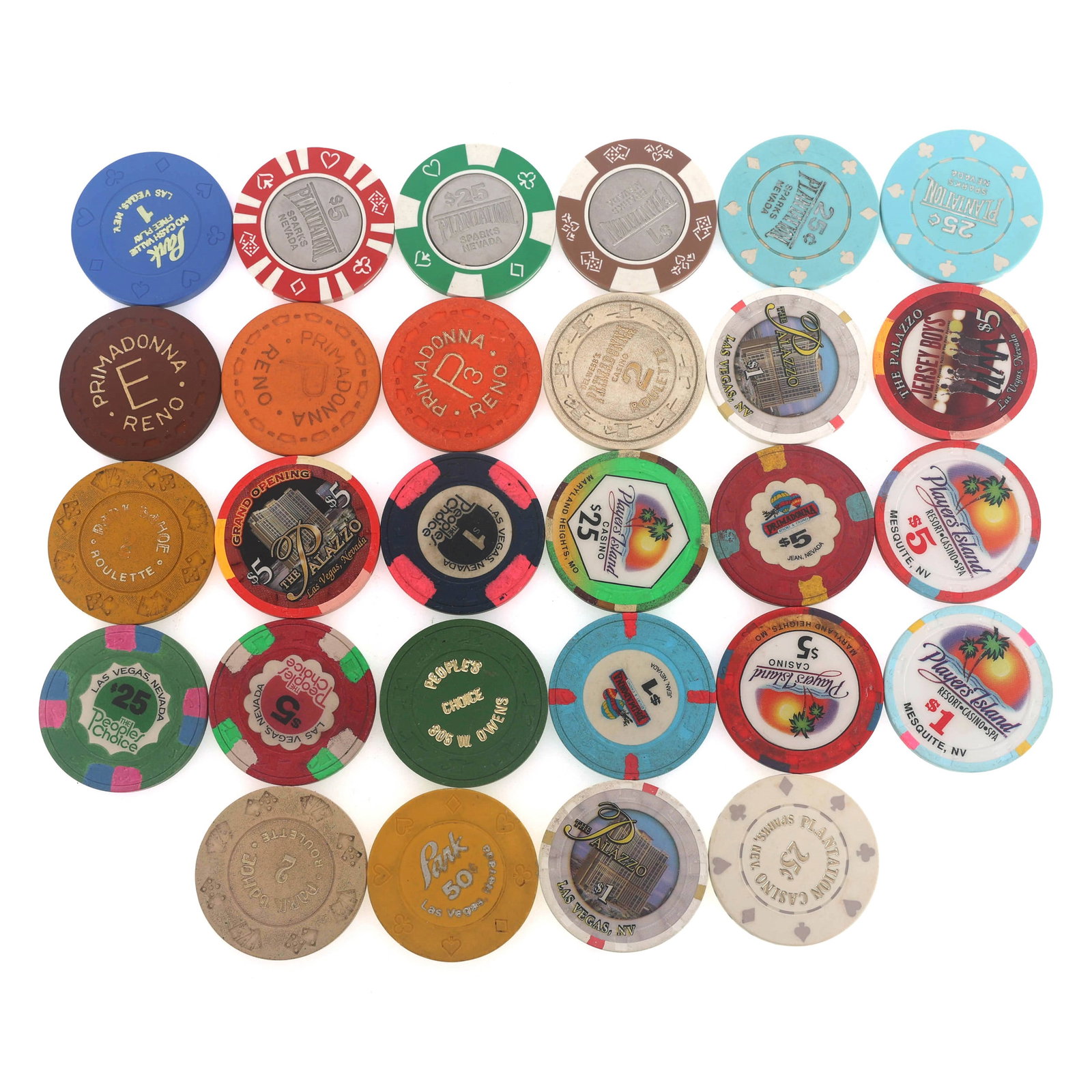 CASINO CHIPS: CASINO CHIPS Casino chips: Primadonna (1) $1 (1) $5 (1) Roulette Plantation (3) 25¢
