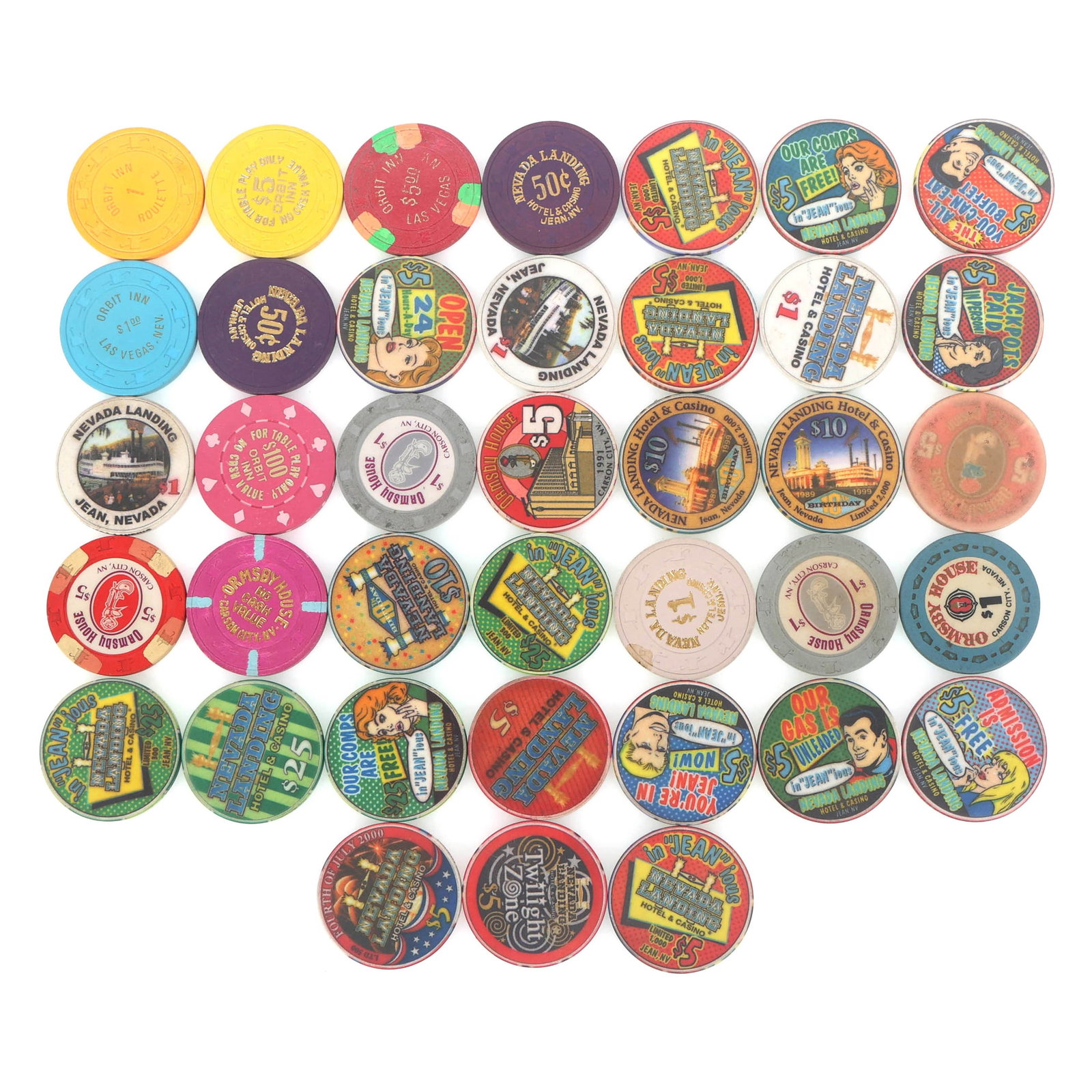 CASINO CHIPS: CASINO CHIPS Casino chips: Nevada Landing (1) 50¢ (1) $1 (1) $5 (1) $10 (1) $25 (1) No Cash Value